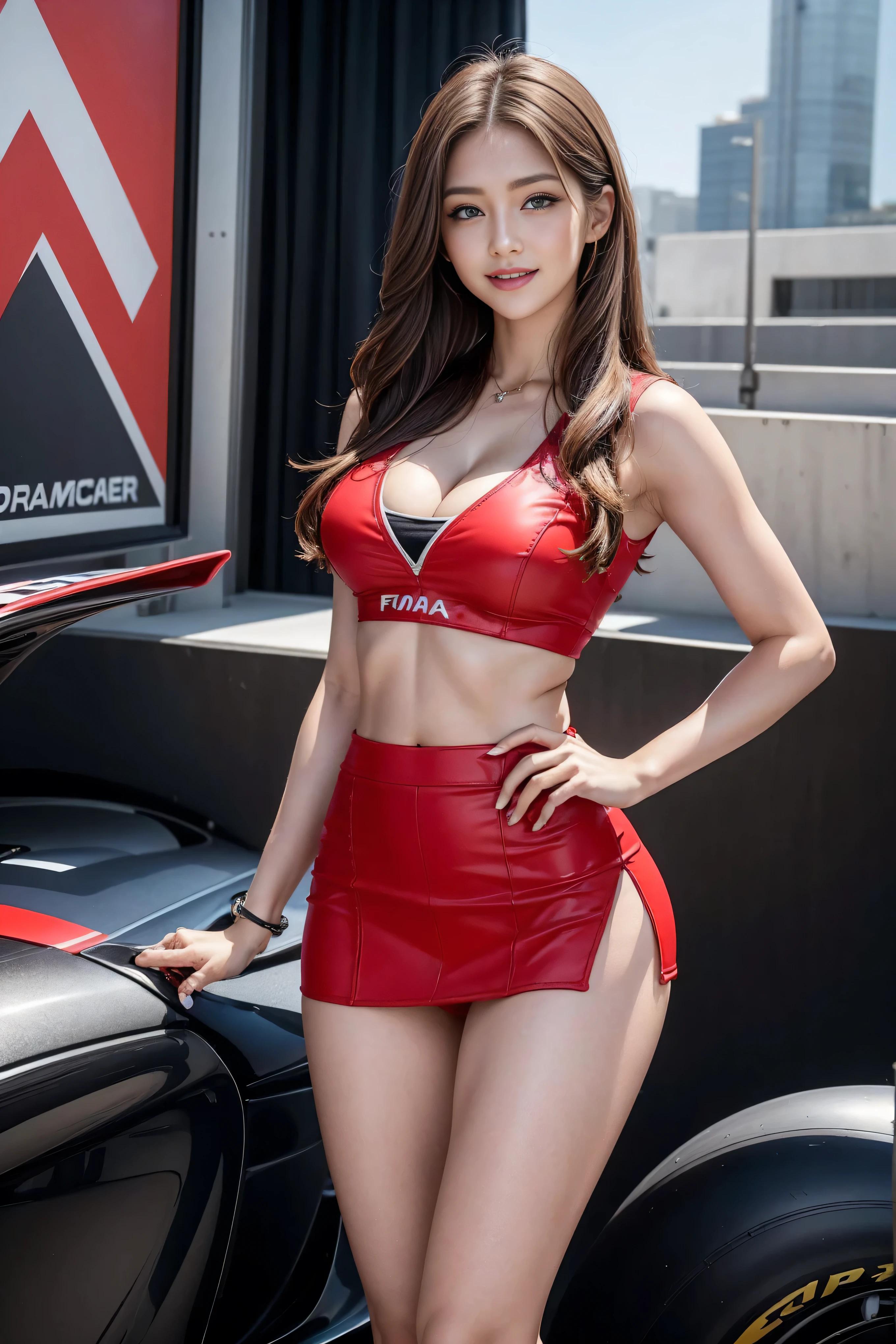 8k,RAW photos, Studio Quality Photos Showing God's Power at best,( masterpiece), ( MotoGP Racing Girls), (Eyeliner:0.5),( blush:0.5), Brown hair, Light Smile , Refers to a beautiful and delicate girl, Extremely detailed face , beautiful and detailed blue eyes,Double eyelid long lashes , sexy and plump lips , ((MotoGP)), (MotoGP track background), ( Studio Quality Photos Showing God's Power , high resolution , realism, original, 8,000, masterpiece, ),((( dynamic pose))),(((Mid-abdomen peek))),(((Show under chest ))),(((Red Mini Skirt Lift))),(((Bare inner thighs))),(Long Legs:1.5),(Thigh gap:1.5),Wide hips,S-Shaped Body, Hips lifted,(Vest line,Muscular hands:1.2),(((Formula One car on display))), ( are brightly colored:1.2), (Beautiful)。