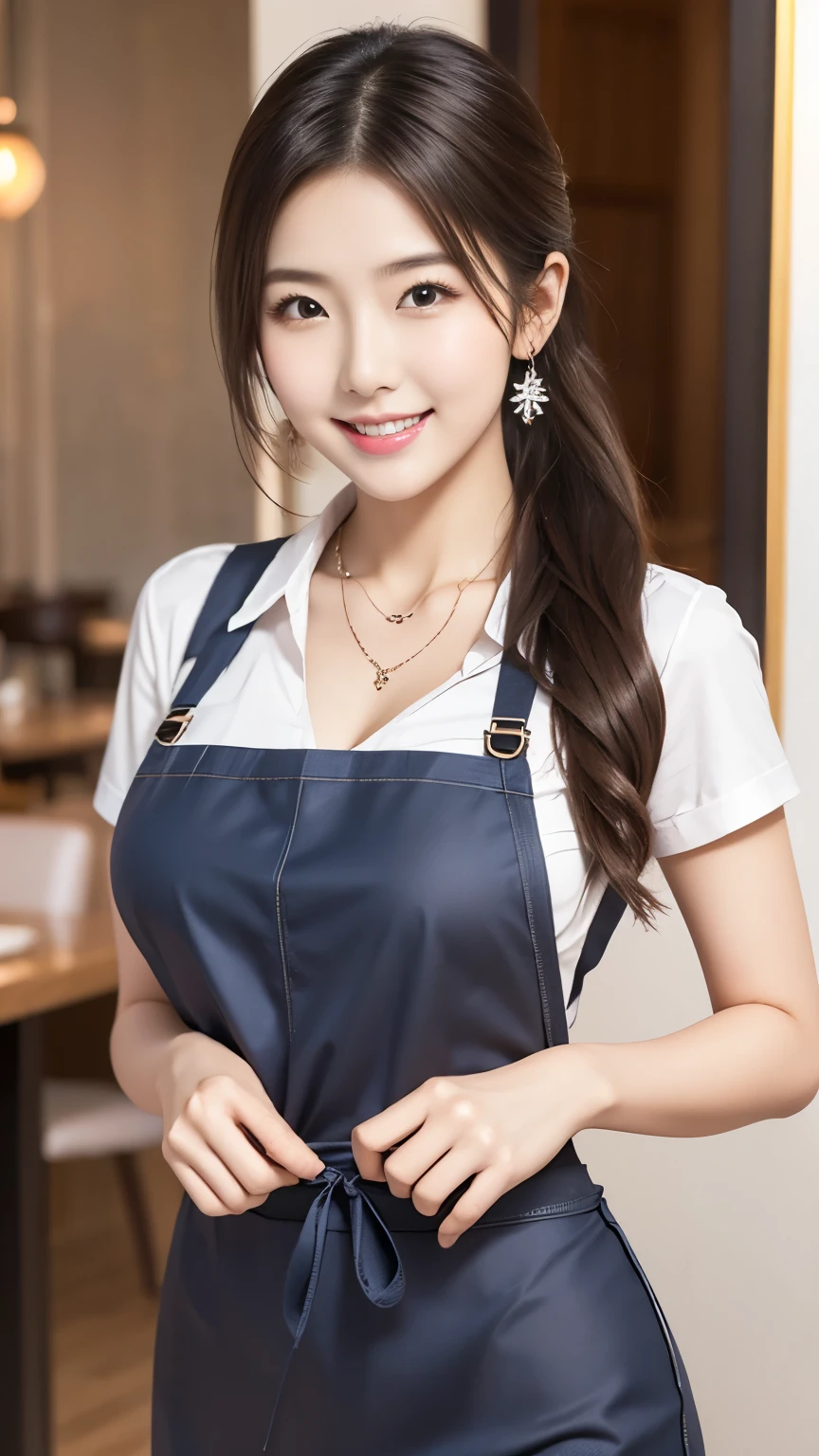 realistic photos of (1 cute Korean star) antenna hair, thin makeup, medium breasts size, slightly smile, wearing apron, baking bakery, overexposure, sparkle, jpeg artifacts, UHD, anatomically correct, 16k