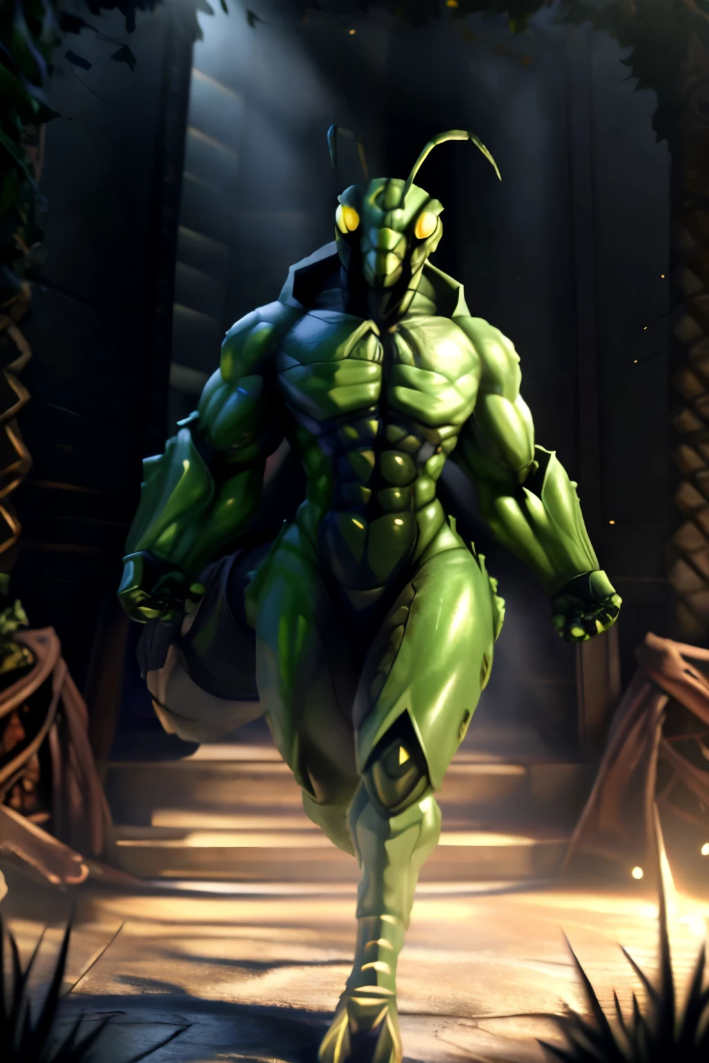 score_8, score_8_up, score_7_up, score_6_up, masterpiece, best quality, newest, absurdres, highres, furry, perfect anatomy, 8K, In'ei, chiaroscuro, side lighting, cinematic lighting, cinematic shot, photographic realism, 8K CGI render, absurd details, masterclass CGI render, masterclass screenshot, subsurface reflections, subsurface light, subsurface light scattering, ethereal lighting, dynamic lighting, perfect composition, unreal engine, high resolution, detailed shadows, evil glow, ambient lighting, atmospheric effects, deep dark shadows, crisp, anime style, colored lines, insanely detailed, volumetric lighting, realism shading, hyper detailed, reflections, ray tracing, subsurface reflections, vivid vibrant colors, masterclass color theory, locust, exoskeleton, anthro, la b 1990s (style), saldo, gastergv, arthropod, exterior, masterclass background, soft detailed anime background, blue sky with highly detailed anime style soft clouds, male focus, solo, locust headed, cowboy shot, dutch angle, detailed insect thick exoskeleton, insect antennae, impressive physique, peak physical condition, large shoulders, large biceps, thick thighs, thick legs, thick arms, heavily muscular, thick muscular neck, perfect proportions, protruding thick chest, abs, ((green body, yellow eyes, glowing eyes, )), EZRealPONYXL, zPDXL, zPDXLxxx