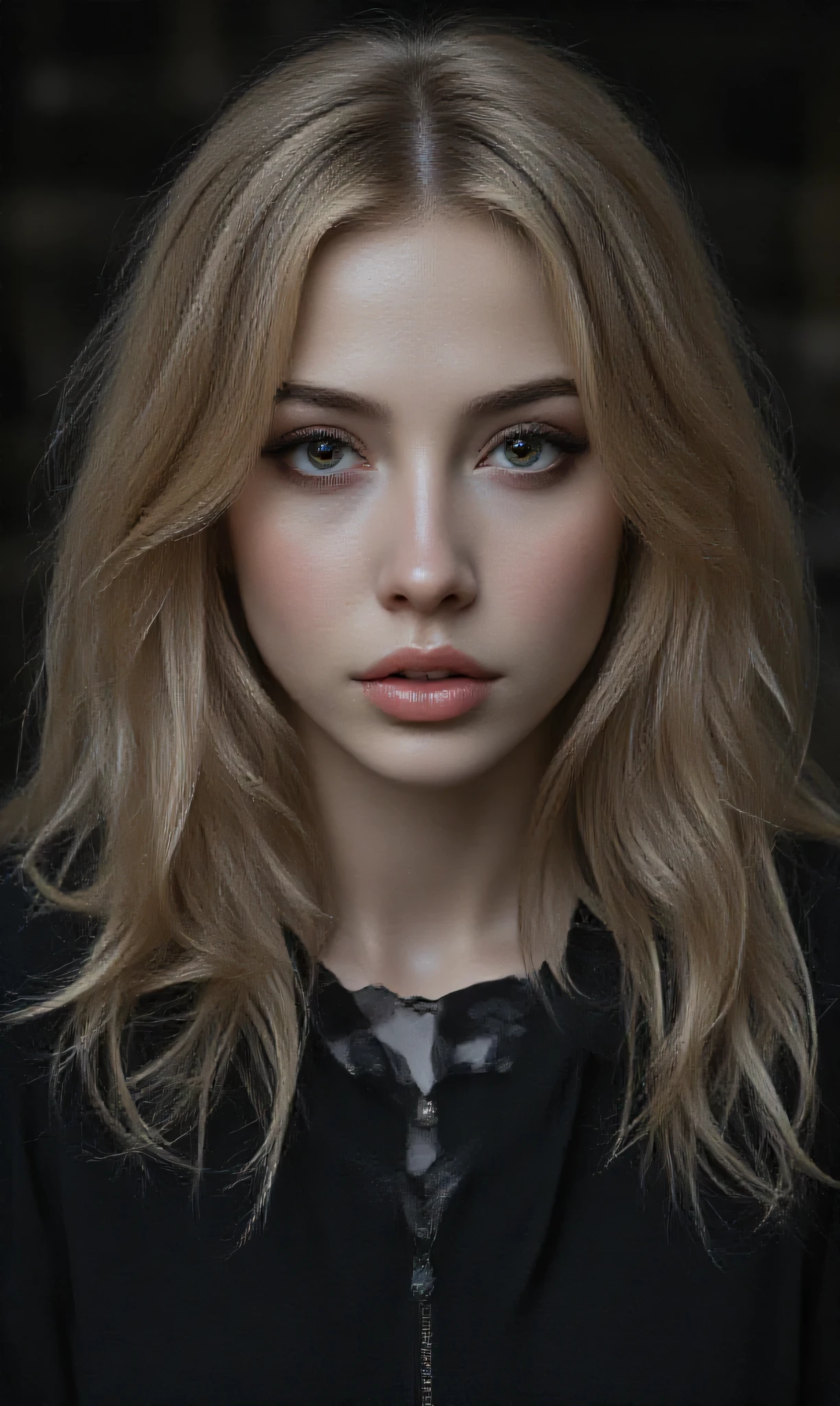This is a,   hyper-realistic photography with an impressive woman with dark hair, gothic aesthetics. She has a lot of time, Wavy blond hair that cascades down the back and shoulders ,  and her skin has a smooth texture ,   Porcelain Skin  . Her facial features are sharp and defined ,  with prominent cheekbones , A pointy chin,  and a strong jaw .