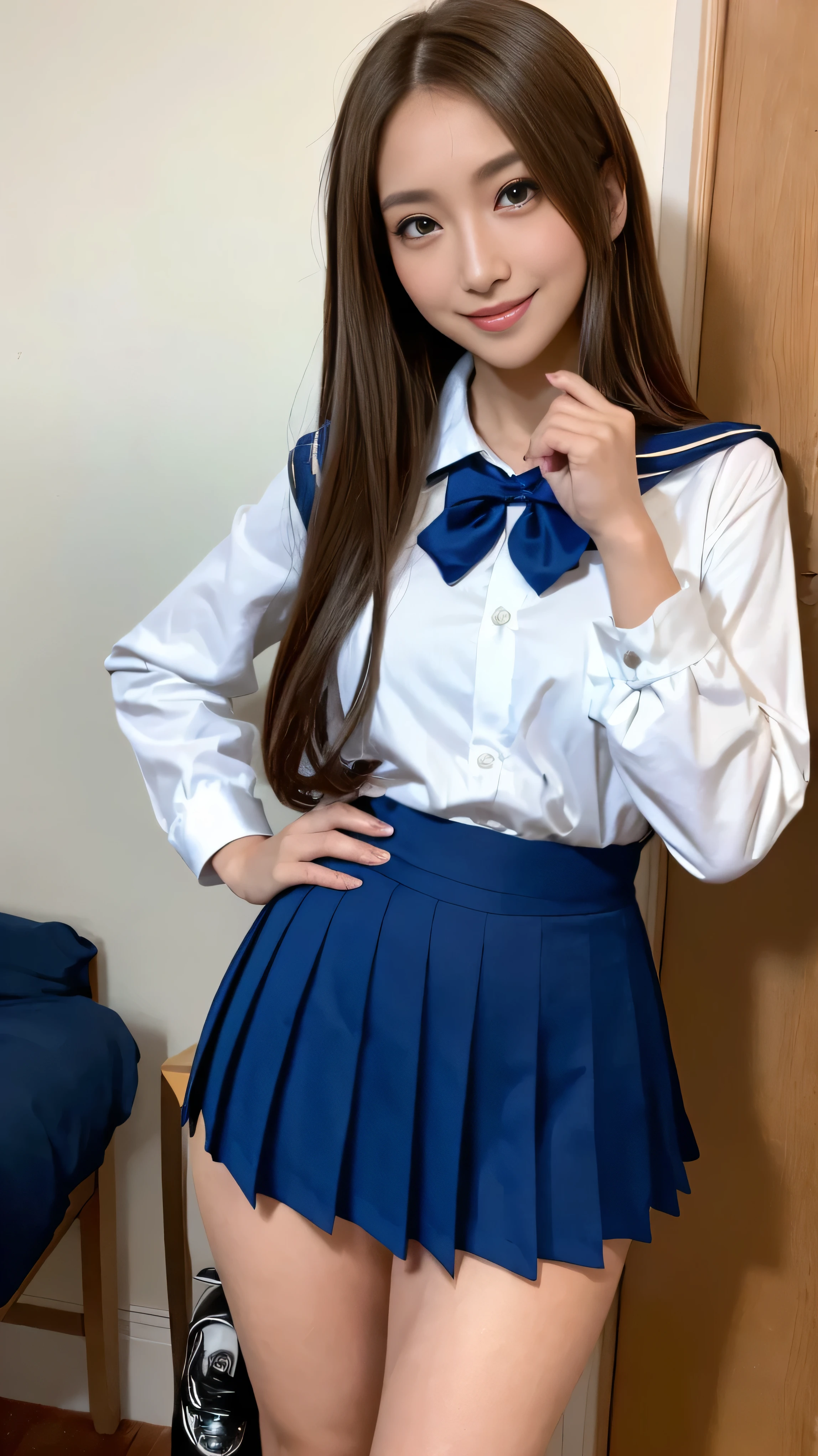 Arafed asian woman in a blue skirt and white shirt posing for a picture ...