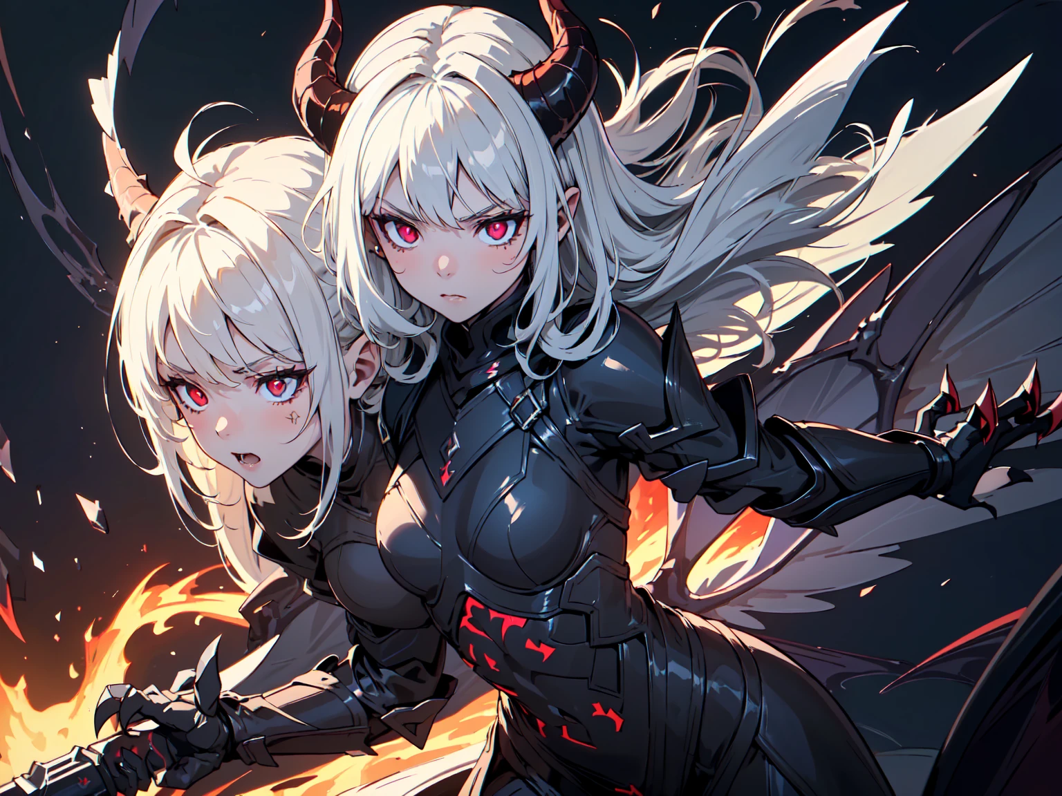 (Masterpiece, 4k, high quality, Highly detailed, Detailed face, vivid colors, Natural lighting, ((face portait)), Amazing background), demon tail, angry face, serious, ((adult)), straight cut bangs, Long hair, Big bust , ((white hair with red streaks)), armor, ((Turquoise armor)), gray skin, blood marks, ((yellow eyes)), fur cloth coat, Long Cape, demon horns, heels, Good anatomy, long gloves, evil, emotionless, intimidating, bloody, beautiful eyes, dark background, detailed eyes