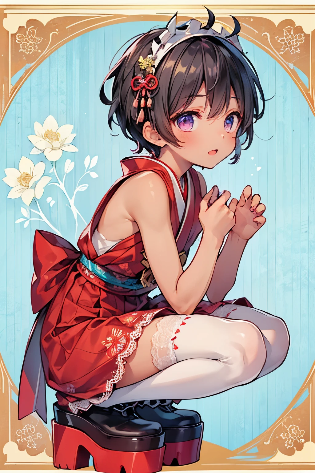 ((1-boy :1.3)),((handsome Gay:1.2)),(( An Adult Man :1.15)), open your mouth wide and smile,short Karl hair,Milkbeige hair ,(lace pattern background:1.25),Red,yellow,purple,((dark skin body:1.5)), shiny ,((side view:1.0)),(touch your chest with both hands over your clothes:1.15),((Lightblue Japanese style dress:1.1)),((voluminous dress:1.05)),((lace Headdress:1.0)),(gorgeous hairpin:1.0),((lace-topped stockings:1.2)),((platform boots:1.1)),((両脚を大きく拡げてcrouching:1.0)),(NSFW:0.85)