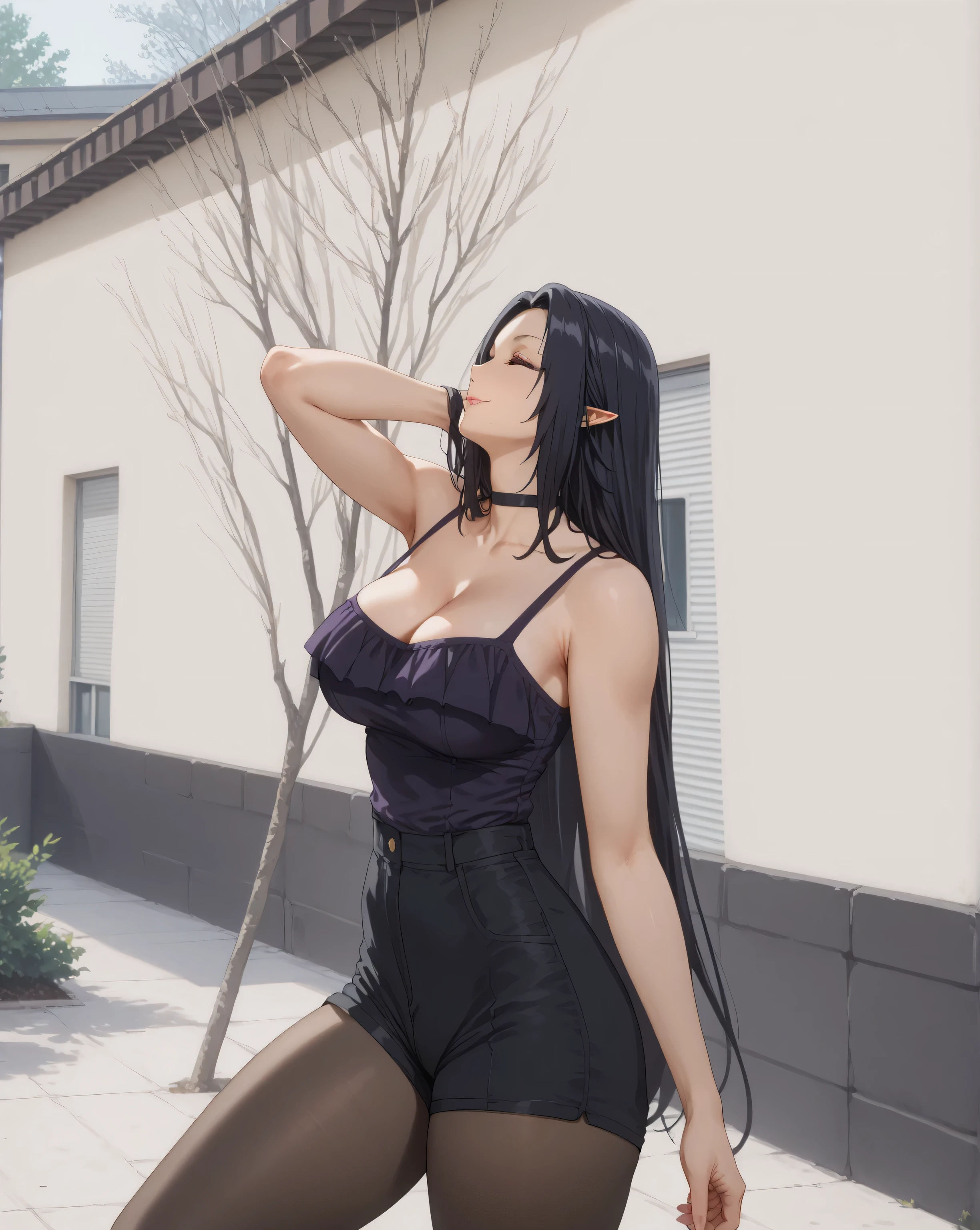Source anime, Tall girl, Fit girl,score_9, score_8_up, score_7_up, score_6_up, ultra-detailed, 1girl, gamma, long hair, purple eyes, black hair, very long hair, pointy ears, mole, mole under mouth, huge breast, seductive smile, large breasts, Wide hips, Mature female,
1girl, solo, breasts, pantyhose, long_hair, black_hair, cleavage, shorts, choker, closed_eyes, short_shorts, tree, outdoors, legwear_under_shorts, black_shorts, cowboy_shot