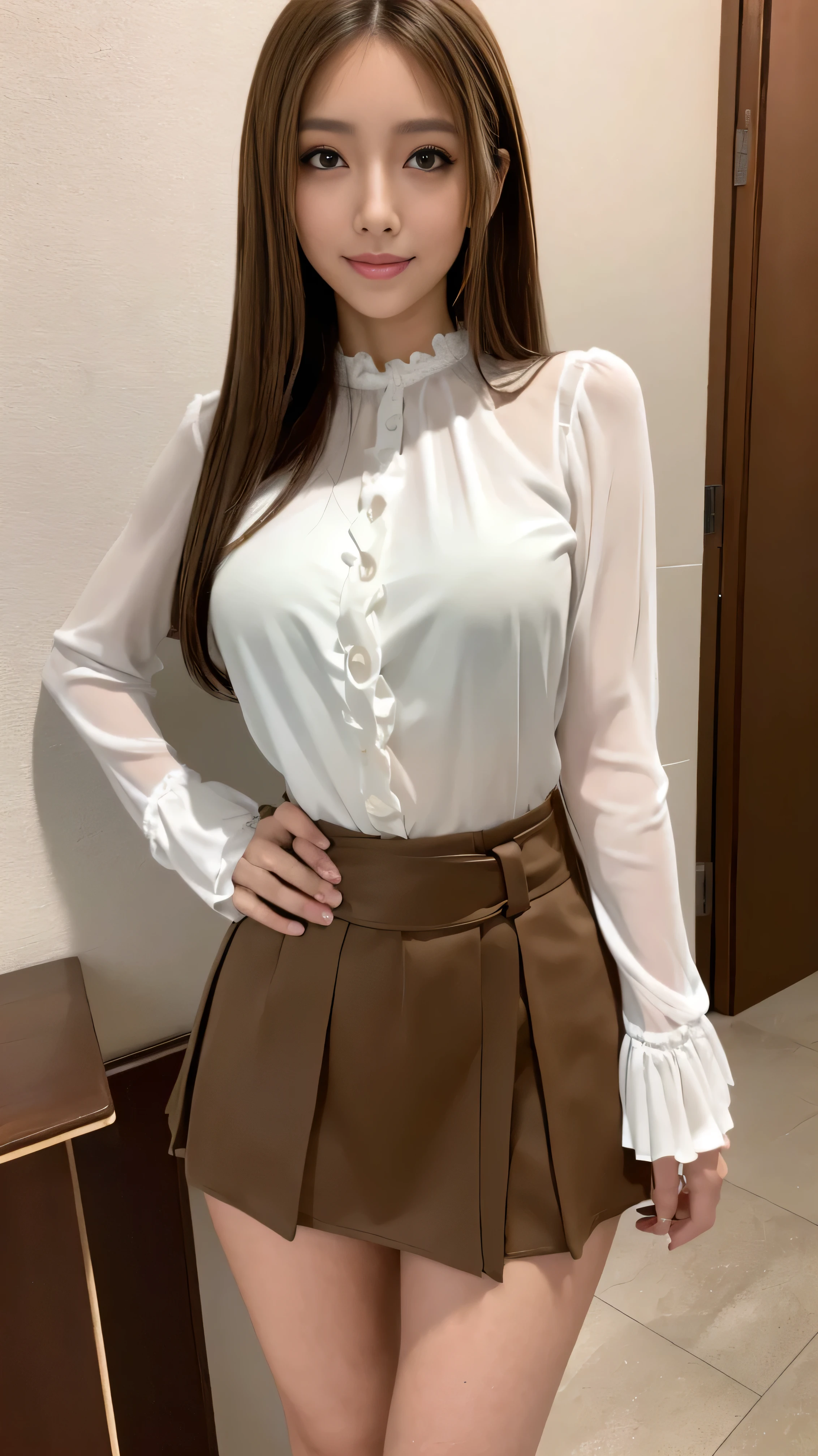 blush a little and smile, (Top quality masterpiece:1.2) Delicate illustrations, Very detailed, /Beautiful woman in her 30s Japan、1 person,Very cute and slim、Great style 、((8K images、super high quality))、Very delicate face, Skin and Hair、beautifule forehead、Red lipstick、Long Hair,(((((Shortcuts、Gradient Hair、Brown Hair))))),Very cute Japanese cut face、Eyes and nose are clearly visible、Kind eyes,(((White blouse、Tight Skirt))),
