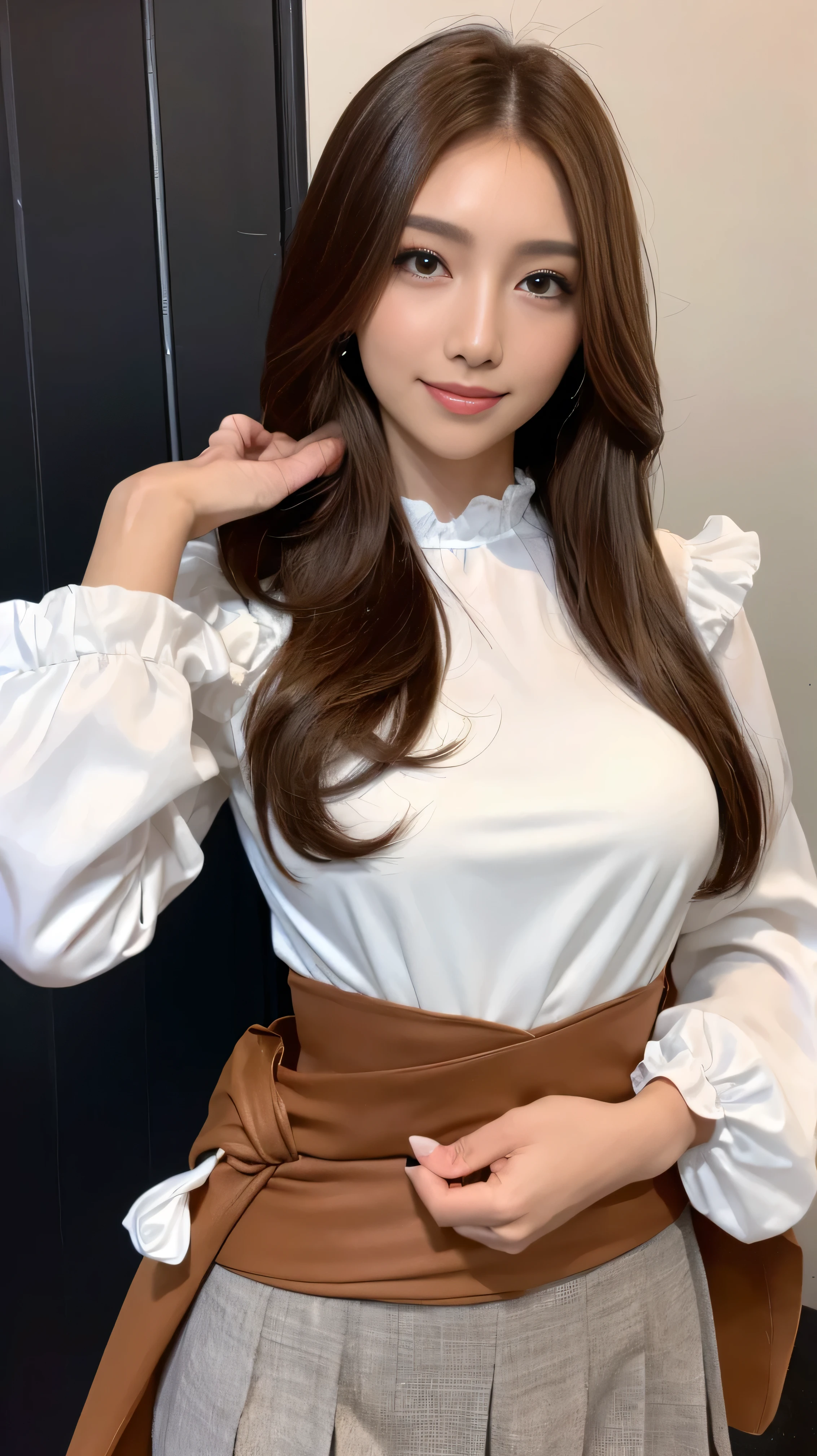 ulzzang -6500-v1.1, (Raw photo:1.2), (Photorealsitic), ((brown super long hair＿Long hair that reaches to the waist:1.2)),((loose and wavy hair:1.3))((white feminine mini dress＿long-sleeve＿see-through sleeves:1.3)),((Gold necklace＿large earring:1.3)),(()),(())(())(Beautiful detailed, (Real: 1.4), ighly detailedな目と顔, beatiful detailed eyes, Standing in the office、(Sleeveless High Neck Sweater、flered skirt:1.2)、(Ultra-realistic pantyhose、high-heels)、Standing cross-legged、huge filesize, hight resolution, ighly detailed, top-quality, [​masterpiece:1.6], illustratio, ighly detailed, nffsw, finely detail, top-quality, 8k wallpaper, Cinematographic lighting, 1 milf, 43 yeas old, perfect body type, cute droopy eyes beautiful big eyes、Pieckfinger, ((masutepiece)), Best Quality, 1 milf, eye shadow, Portrait, ((FULL BODYSHOT:1.4))、(Very affectionate smile:1.2)、