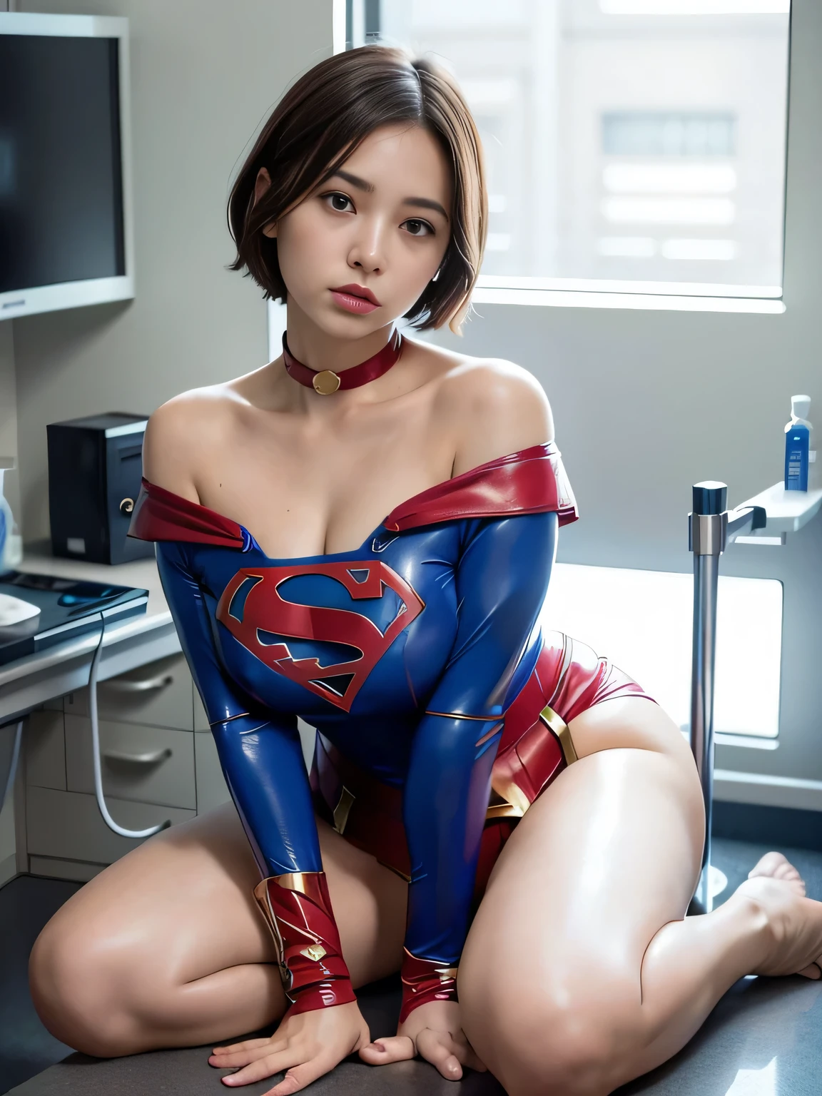 masterpiece、supergirl costume、short hair、barefoot、big and full breasts、Research room、operating table、spread legs、Tattered、shiny、look at the camera、Sexy poses to seduce、model body shape、choker、long sleeve、red mini skirt、Cowgirl、Estrus、sweaty、Radical、off shoulder、Glamorous、