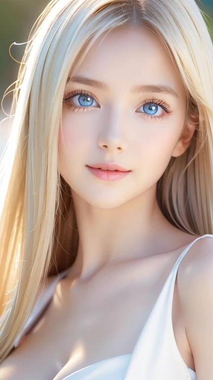 highest quality、masterpiece、ultra high resolution、(photorealistic:1.4)、1 girl、up to the shoulders、Charm、look at the camera、Bite、White blonde、bangs between the eyes、Super Long Straight Silky Hair、huge boobs、Healthy skin、delicate skin、Glowing bright pale sky blue big eyes、White shiny skin、cheek gloss highlight、
