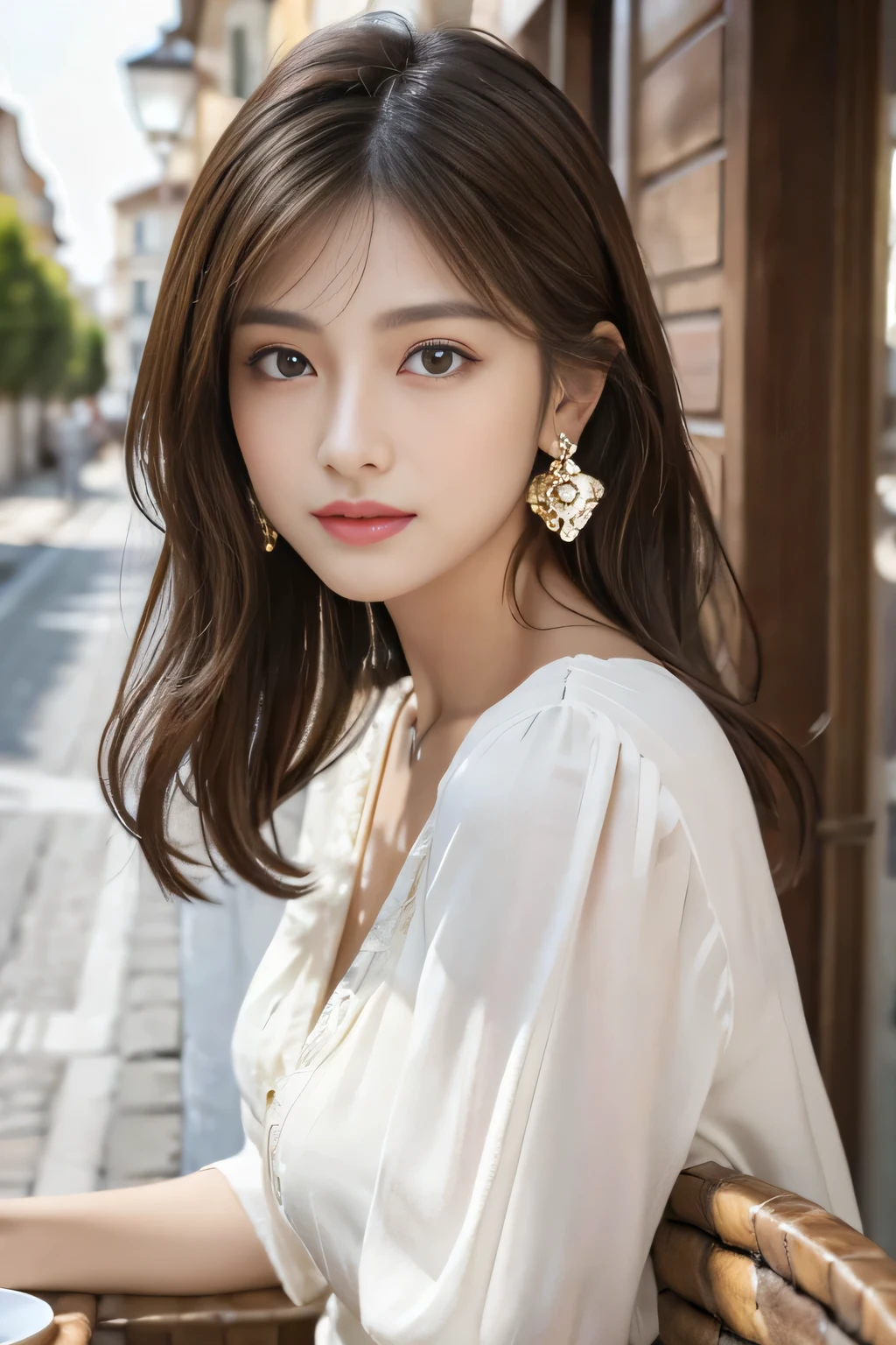 masterpiece, Highest quality, Realistic, Very detailed, Finer details, High resolution, 8k wallpaper, One beautiful woman,Wear a nice blouse, On the terrace of a lovely cafe, at noon, Light brown messy hair, Perfect dynamic composition, Beautiful and beautiful eyes、Big earrings、