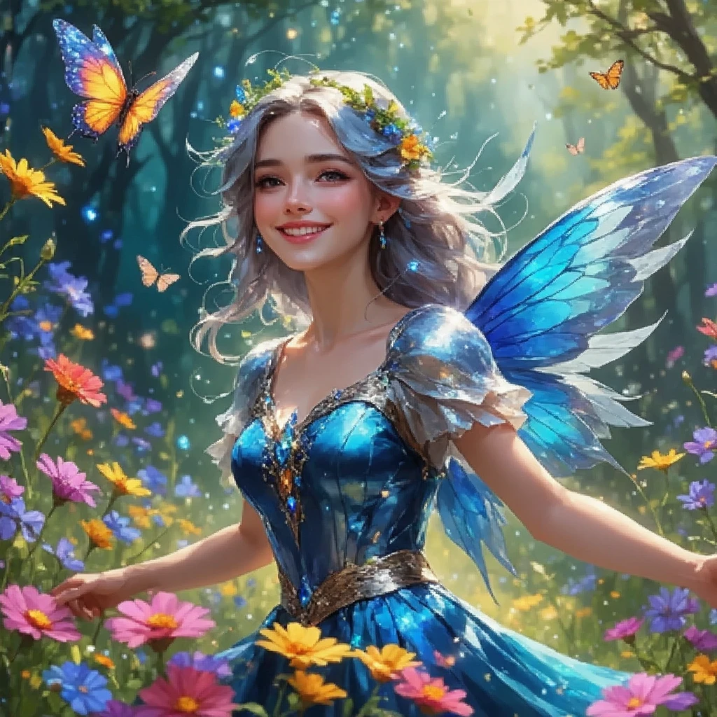 (medium full shot) of (radiant fairy) young woman, full-figured build, silver eyes, american, light tan skin, blue intricate updo hair with sparkling hairpins, wearing a woven dress with ornate designs, jeweled sandals, iridescent wings, glittery mascara,tiny bell anklet delicate fairy wings necklace, set in a vast blooming meadow, with colorful flowers, buzzing bees, a serene atmosphere, at dawn, woman smiling, detailed face, ,Masterpiece,best quality, raw photo, realistic, very aesthetic