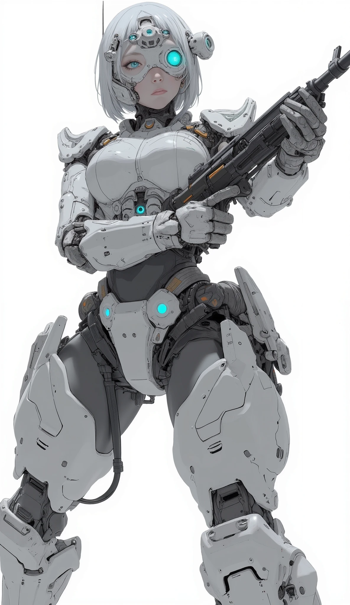 Close-up of a robot with a gun on a white background,  concept art ： Krenz Kshart , Trending on Pixiv, Neoism, female Mecha, modern Mecha anime, ferra white Mecha, anime Mecha aesthetic, cool Mecha style, # Mecha, Organic to the anime robot , white Mecha, Mecha anime