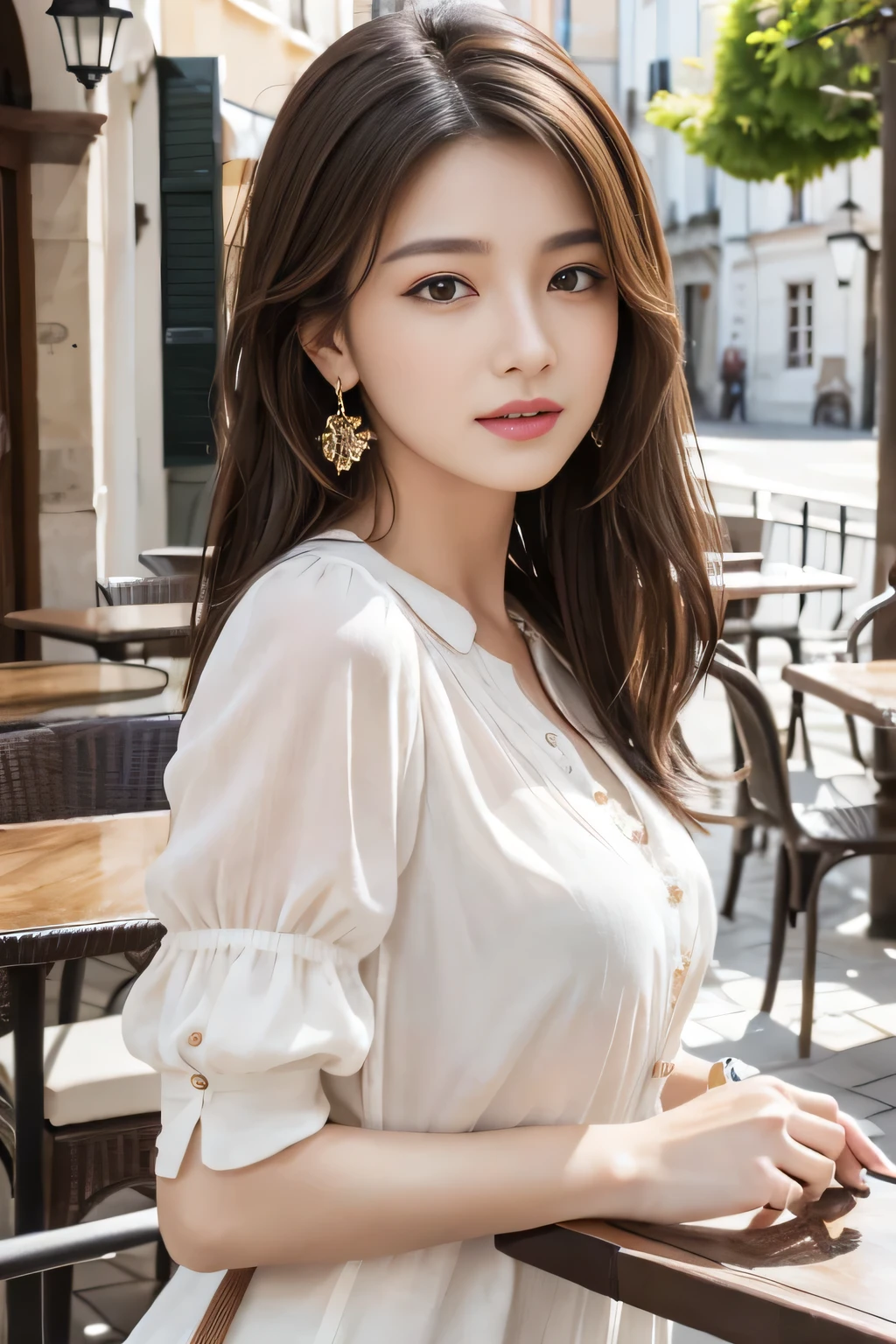 masterpiece, Highest quality, Realistic, Very detailed, Finer details, High resolution, 8k wallpaper, One beautiful woman,Wear a nice blouse, On the terrace of a lovely cafe, at noon, Light brown messy hair, Perfect dynamic composition, Beautiful and beautiful eyes、Big earrings、Sleeveless shirt、