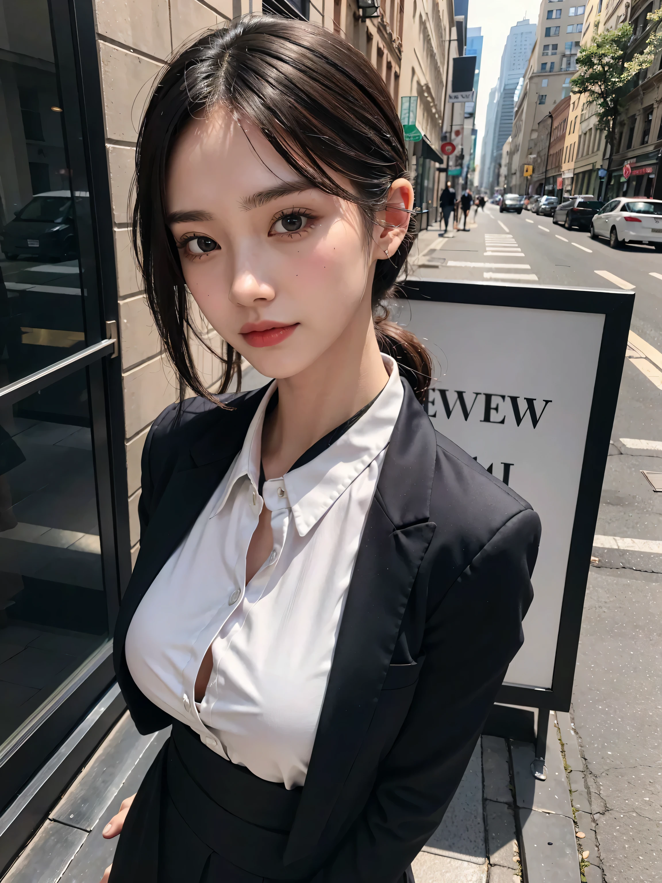 absurderes, Raw photo, Extremely delicate and beautiful, masutepiece, Best Quality, Ultra High Resolution, 16 K, hyper realisitic, Ultra-detailed, Perfect Anatomy, Ultra-detailed細なスキン, Perfect figure, Very detailed CG 8k wallpaper, in her 20s, Very slim body, Narrow waist, Very small head, Very small face, Delicate facial features, tear moles, Earring, thin legs, (very massive round chest), Girls, Full body shot, Short hair, Wavy Hair, ((Business Suit)), (Blouse), Jacket, Skirt,