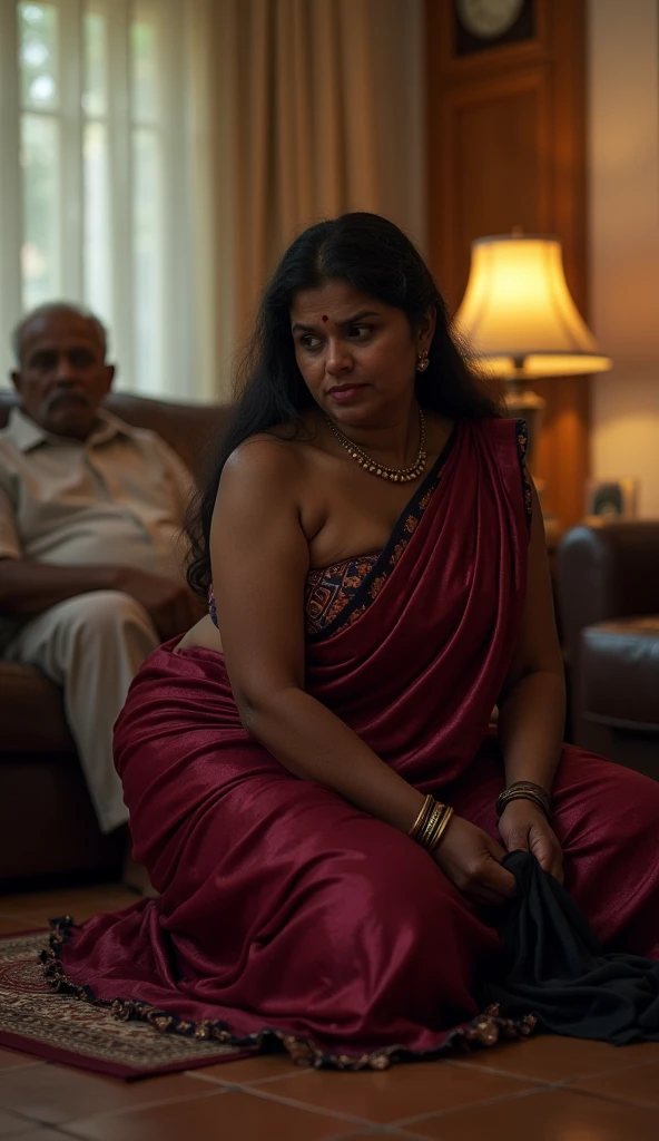 An aunty in Tamil Nadu works as a maid in a village. She is wearing a meroon colour glossy saree, bending down on the floor with a black cloth, her legs are spreaded, and she is masturbating. She has a fat, black body. You can see her cleavage and thighs. In the room, a 60 year old man is sitting on a sofa and looking at her. She has a seducing expression on her face, Evening time. Extreme beauty. Extreme realistic. True beauty. Ultra hd. 4k. Extremely detailed