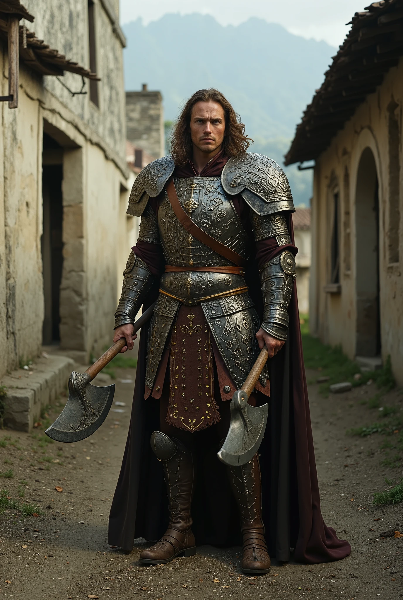 Man, tall and strong, brown hair and eyes, (with a double axe), muscle, with beautiful armor with cape, in a abandon village, 16k,uhd, professional image, cinamatic, realistic, realism, kodak film style