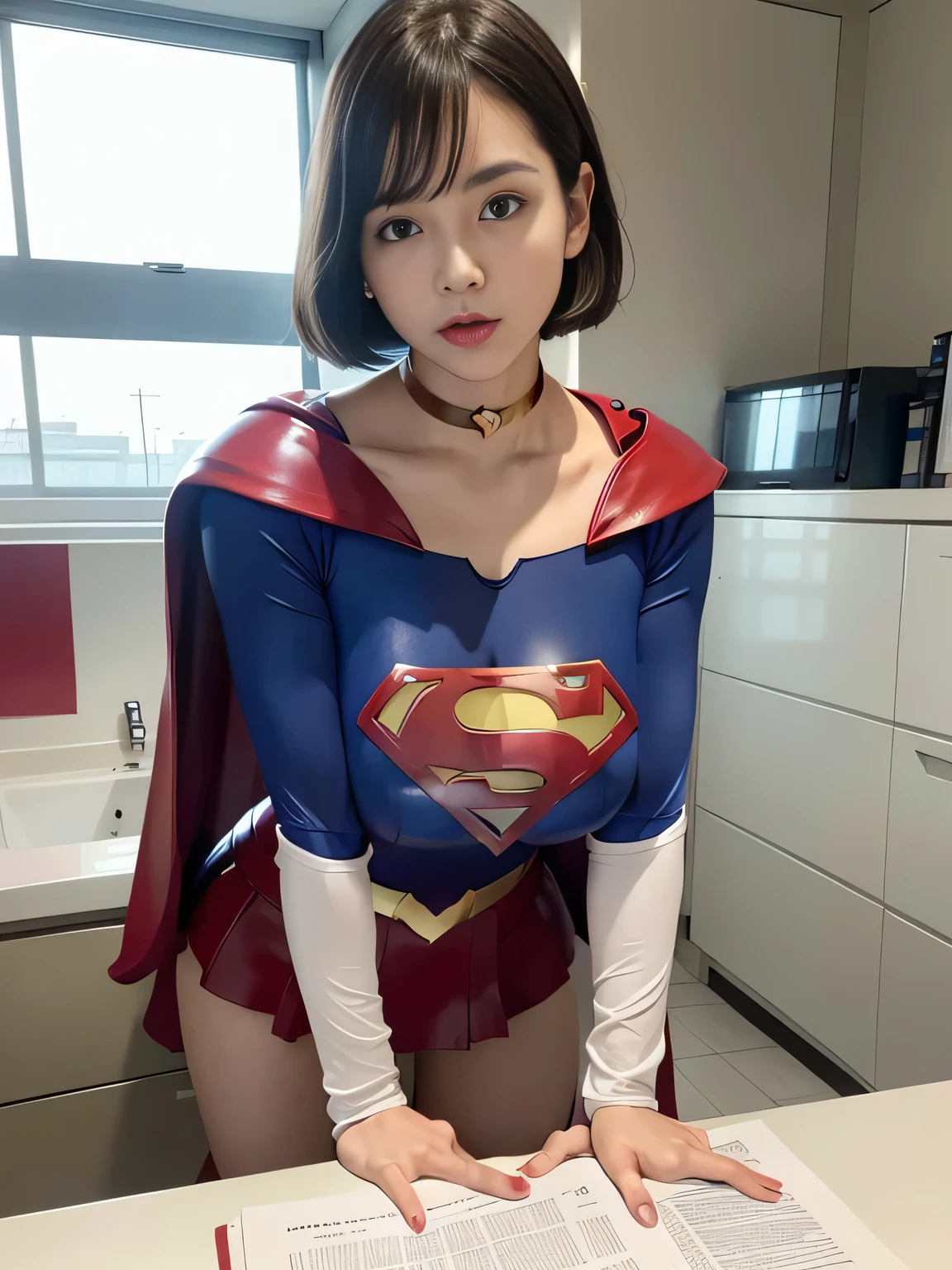 masterpiece、Supergirl costumes、short hair、barefoot、big and full breasts、Research room、operating table、straddle、Tattered、shiny、look at the camera、Seduce、choker、long sleeve、red mini skirt、Cowgirl