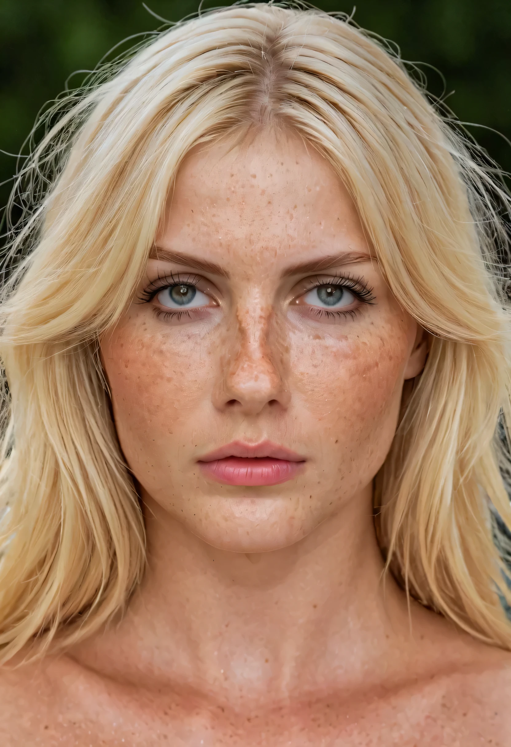 score_9,score_8_up,score_7_up, photo \(medium\), photorealism, portrait photo of a handsome 25 yo blonde female model, freckles, hyperdetailed, hyperrealism, skin details, cinematic shot, determined look, wet, lascivious, lewd, fashion photoshootm, hyperdetailed photography, looking at viewer