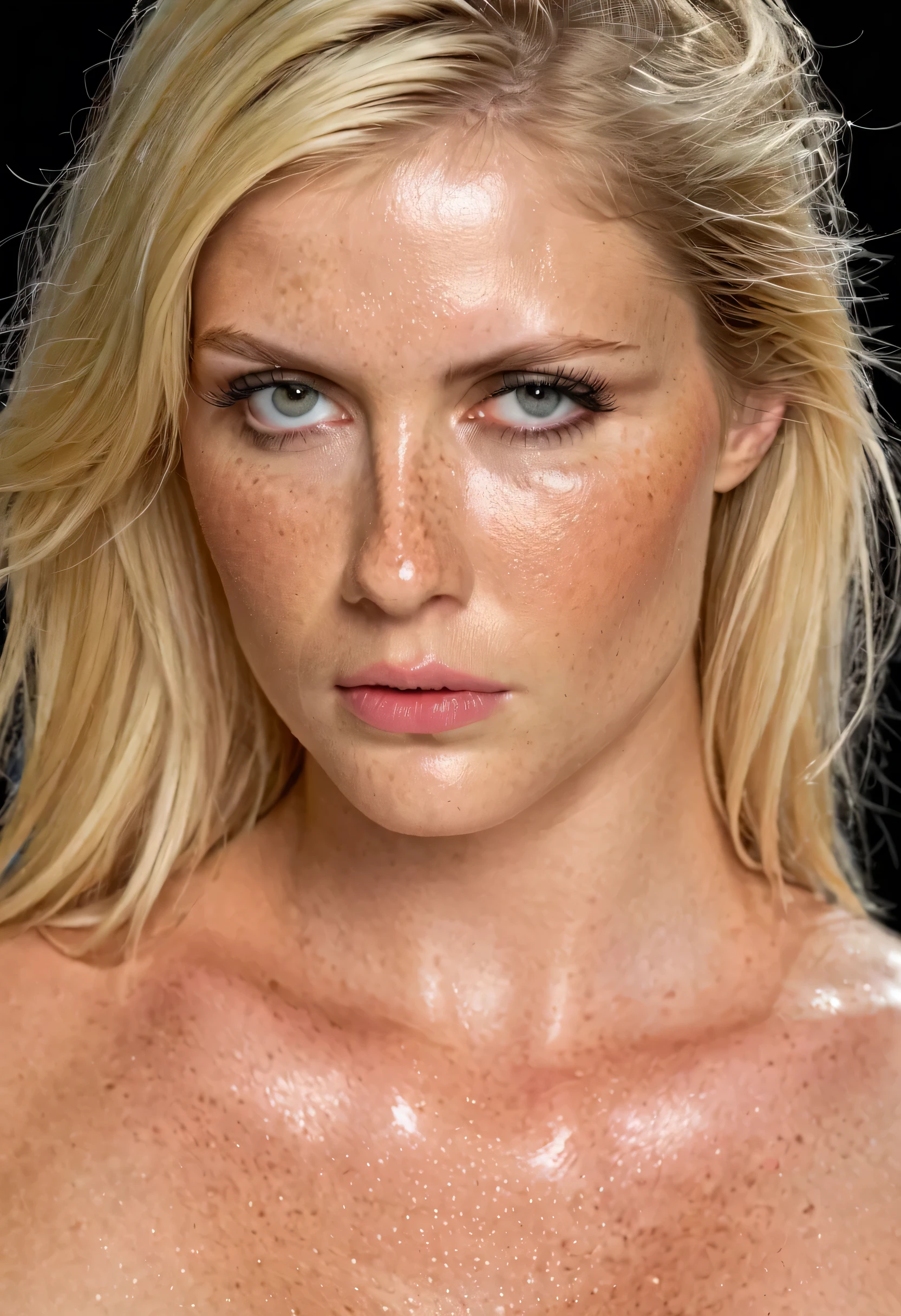 score_9,score_8_up,score_7_up, photo \(medium\), photorealism, portrait photo of a handsome 25 yo blonde female model, freckles, hyperdetailed, hyperrealism, skin details, cinematic shot, determined look, wet, lascivious, lewd, fashion photoshootm, hyperdetailed photography, looking at viewer