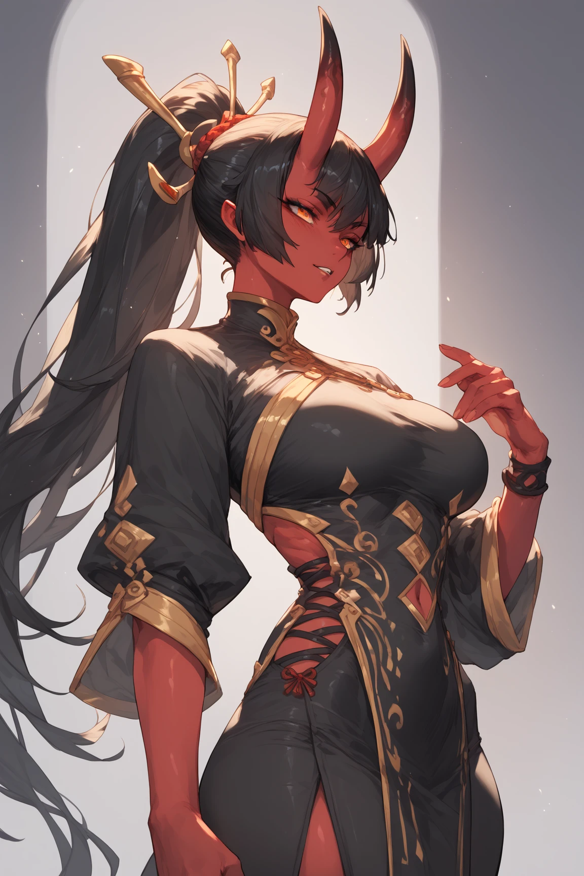 best quality,4k,8k, highres, masterpiece:1.2), ultra-detailed, extremely detailed eyes, extremely detailed body, (large masterpiece digital art), (detailed manga illustration), (detailed line art), ((perfect anatomy)), (intricate details:1.3), (ultra-detailed:1.3), (illustration:1.3), (sharp focus:1.3), (natural lighting:1.05), (vivid colors:1.3), (masterpiece), (best quality:1.4), (perfect anatomy:1.4), high quality, expressive eyes, full body, detailed face, beautiful face, perfect face, 1girl, ((dark skin)), animal ears, black sclera, smile, colored sclera, breasts, solo, monster girl, black hair, (wolf ears), large breasts, curvy, wide hips, long hair, ((gold eyes)), claws, grin, fur, looking at viewer, collar, (dynamic action pose), tail, wolf tail, dragon horns, horns, dragon wings, wings, sadistic smile, hair over eye, {regal outfit}, tiny crown, blue fire, curvy, china dress, dark skin, cinematic lighting, dramatic atmosphere, Beautiful woman, dragon spear in hand, Jeff Bridges, ((cartoon style)), Marvel Cinematic Universe style, (((demon castle in the background))), soft bokeh of hellscape, Atey Ghailan, Jeremy Mann, Greg Manchess, Antonio Moro, trend in ArtStation, trend in CGSociety, Intricate, High Detail, Sharp focus, dramatic and photorealistic painting art by Midjourney and Greg Rutkowski,