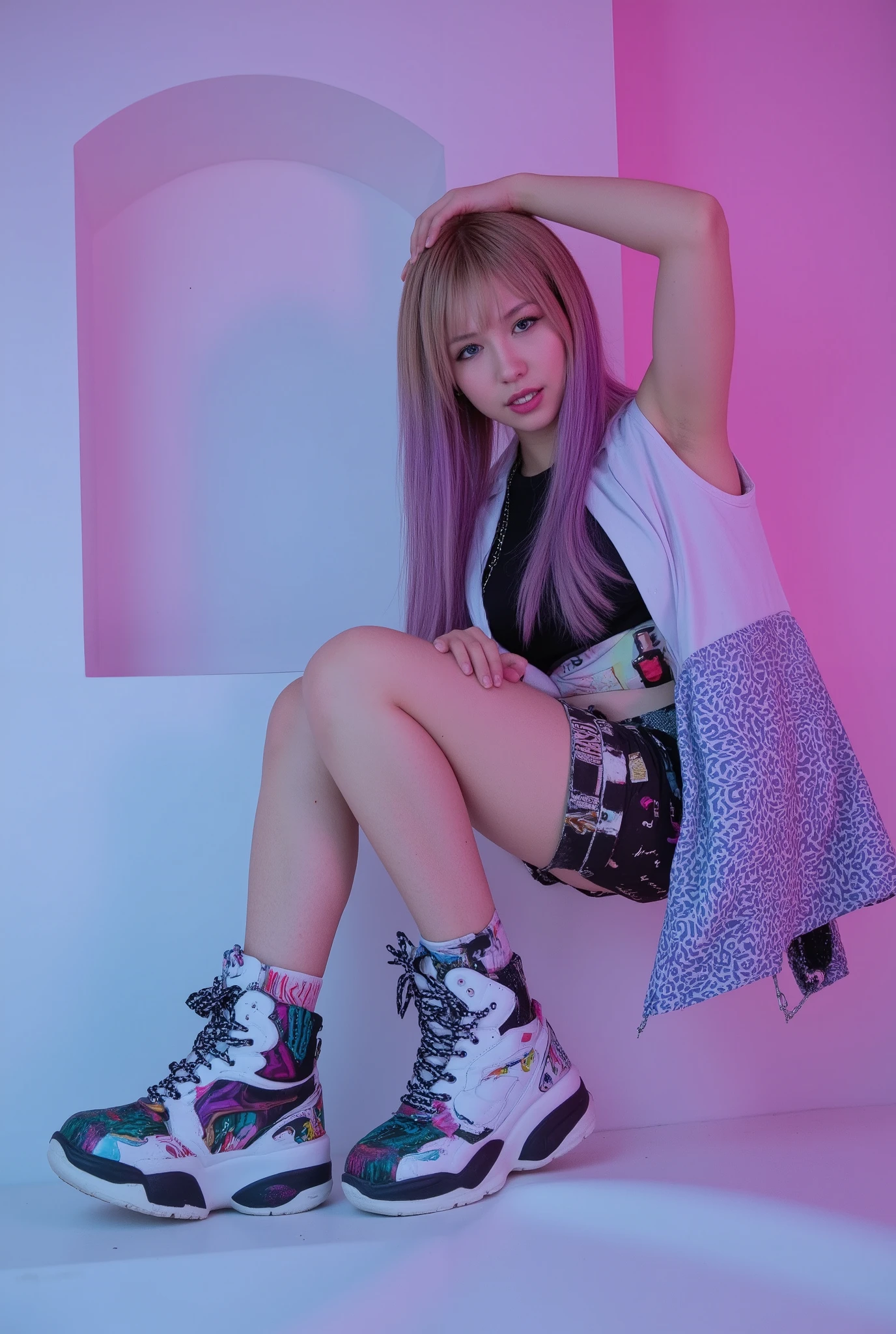 Una obra de arte con un personaje de anime femenino con cabello lila sentado en la parte superior de una pared. She is dressed in fashionable clothes, usar maquillaje intrincado y varios accesorios. This cyberpunk anime girl exudes a dreamy and beautiful cyberpunk aesthetic. The artwork shows a digital representation of a neonpunk cyborg, Combining elements of technology and beauty. El renderizado de alta calidad resalta el ambiente cyberpunk moderno. This work is inspired by Korean aesthetics and haute couture, creating a unique and captivating visual experience., Barbiecore 2025 , centrado, neon