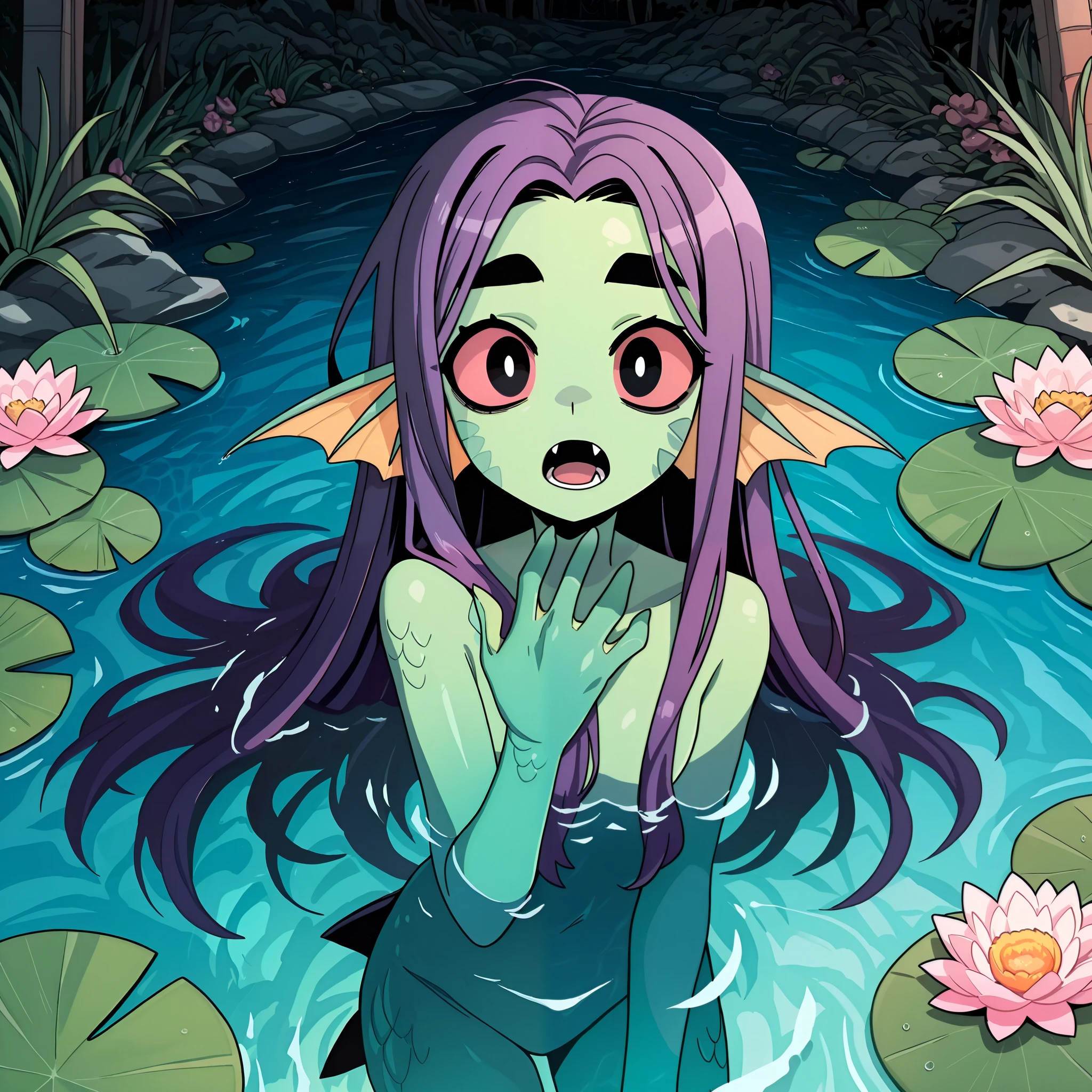 masterpiece, best quality, amazing quality, very aesthetic, high resolution, ultra-detailed, absurdres, newest, Anime screencap, highly detailed, high quality, hyper-Detailed, mistico_IL. BREAK. solo, 1girl, water, colored skin, long hair, lily pad, fins, open mouth, colored sclera, head fins, hand up, green skin, partially submerged, single bare shoulder, black hair, flower, looking at viewer, fangs, monster girl, outdoors, scales, black eyes, thick eyebrows, webbed hands, purple hair