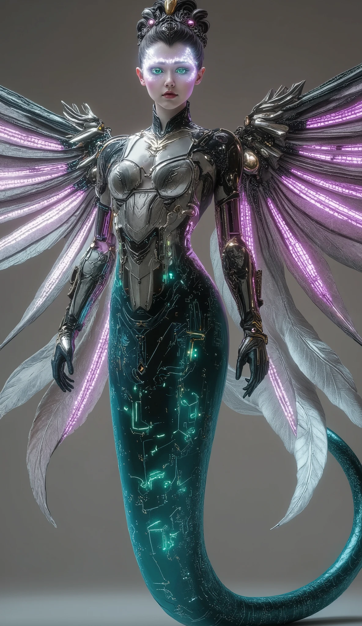 Create a massive, futuristic Serpent Woman, towering above a vast, quantum cyber city. Her upper body is human, but armored in sleek, advanced combat gear, featuring futuristic plating, glowing circuits, and neon accents, giving her the appearance of a high-tech warrior. The armor is intricately designed, with smooth, metallic surfaces and sharp geometric edges that reflect the pulsating energy of the city. Her porcelain skin peeks through the armor, adorned with glowing circuit-like patterns, adding a blend of organic elegance and cutting-edge technology. Her long, flowing hair is a cascade of metallic silver, interwoven with electric-blue strands, pulsating like living wires, and glowing with powerful energy. Her eyes emit a radiant, vibrant glow, brimming with ancient knowledge and futuristic power. Below her waist, her body seamlessly transforms into a colossal, coiling serpent tail, covered in iridescent scales that shimmer in neon shades of purple, green, and blue. The scales are etched with intricate digital patterns, flickering with energy that mirrors the city’s high-tech environment. From her back, massive translucent wings unfold, resembling glowing digital grids and shimmering holograms. These wings pulse with electric energy, amplifying the overwhelming power flowing through her serpent tail. She stands amidst the towering spires and luminous streets of a quantum cyber city, with neon lights and holographic projections illuminating the futuristic landscape. The city is a vast expanse of interconnected metallic structures, glowing circuit patterns running along the surfaces, creating an awe-inspiring, technological wonder. The air is filled with energy and digital hums, a perfect fusion of nature, technology, and quantum innovation. Her imposing, yet graceful presence exudes both beauty and supreme power, as if she is the protector and ruler of this futuristic world, balancing both the ancient and the cutting-edge.