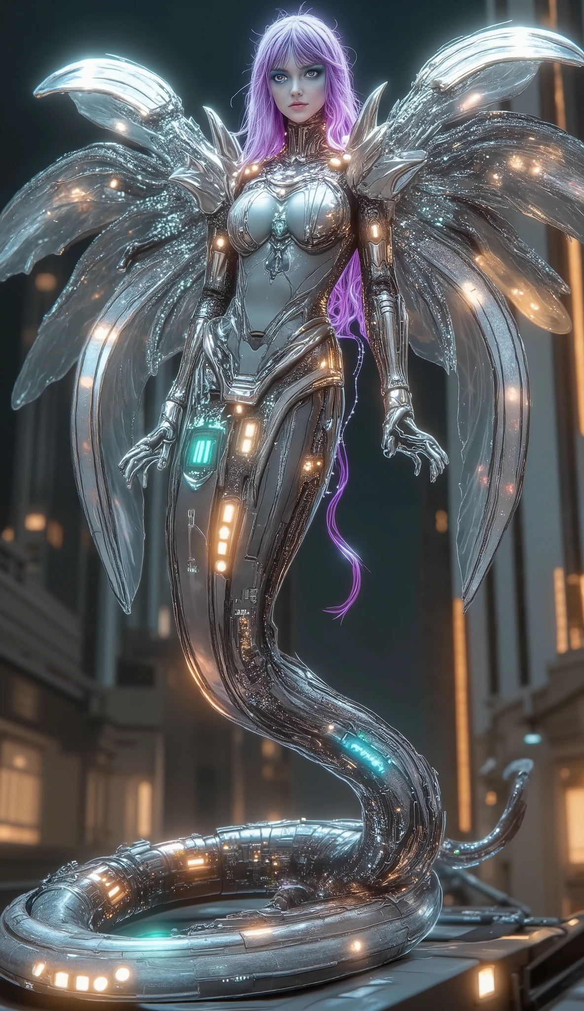 Create a massive, futuristic Serpent Woman, towering above a vast, quantum cyber city. Her upper body is human, but armored in sleek, advanced combat gear, featuring futuristic plating, glowing circuits, and neon accents, giving her the appearance of a high-tech warrior. The armor is intricately designed, with smooth, metallic surfaces and sharp geometric edges that reflect the pulsating energy of the city. Her porcelain skin peeks through the armor, adorned with glowing circuit-like patterns, adding a blend of organic elegance and cutting-edge technology. Her long, flowing hair is a cascade of metallic silver, interwoven with electric-blue strands, pulsating like living wires, and glowing with powerful energy. Her eyes emit a radiant, vibrant glow, brimming with ancient knowledge and futuristic power. Below her waist, her body seamlessly transforms into a colossal, coiling serpent tail, covered in iridescent scales that shimmer in neon shades of purple, green, and blue. The scales are etched with intricate digital patterns, flickering with energy that mirrors the city’s high-tech environment. From her back, massive translucent wings unfold, resembling glowing digital grids and shimmering holograms. These wings pulse with electric energy, amplifying the overwhelming power flowing through her serpent tail. She stands amidst the towering spires and luminous streets of a quantum cyber city, with neon lights and holographic projections illuminating the futuristic landscape. The city is a vast expanse of interconnected metallic structures, glowing circuit patterns running along the surfaces, creating an awe-inspiring, technological wonder. The air is filled with energy and digital hums, a perfect fusion of nature, technology, and quantum innovation. Her imposing, yet graceful presence exudes both beauty and supreme power, as if she is the protector and ruler of this futuristic world, balancing both the ancient and the cutting-edge.