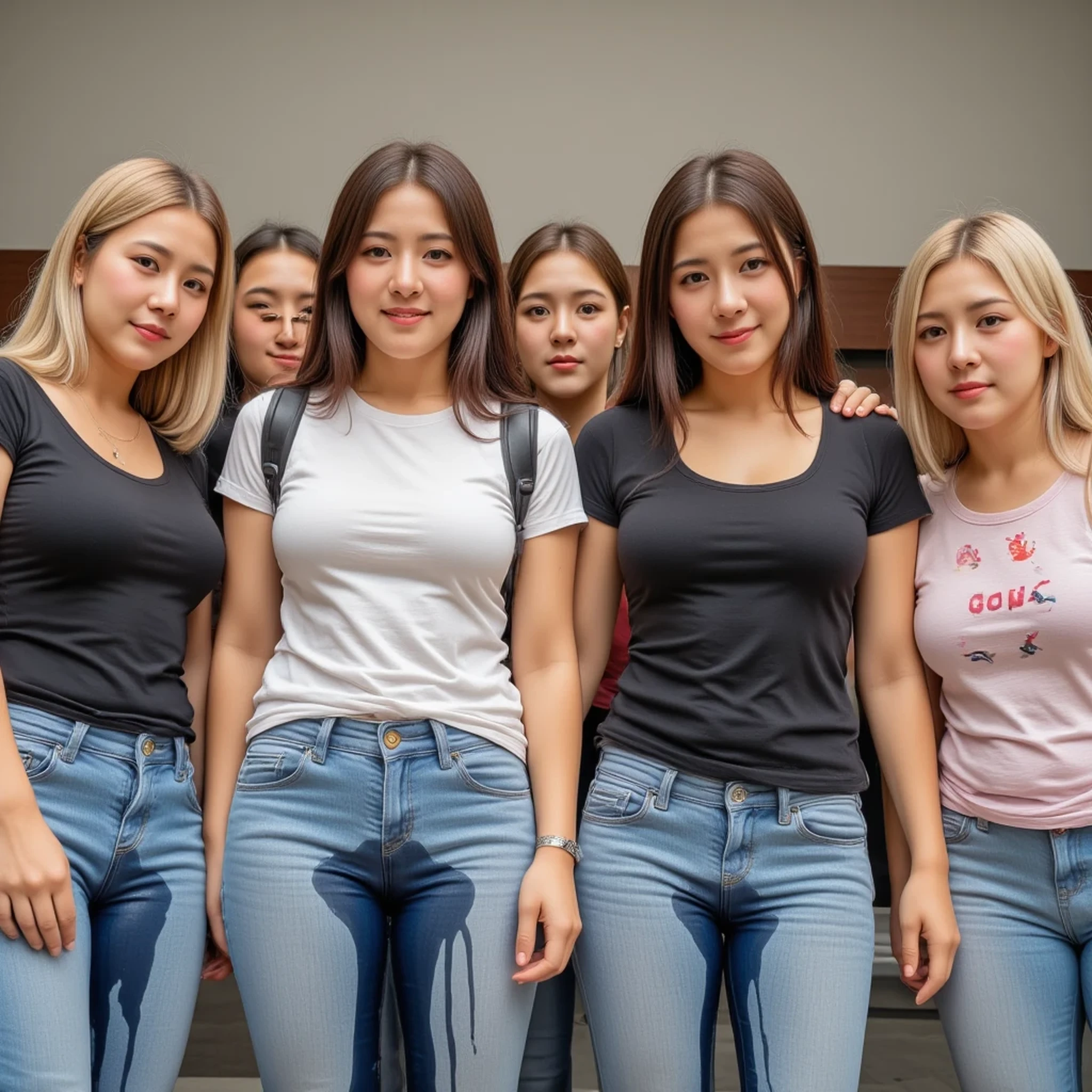 photo réaliste d'un groupe d'adolescentes qui ont fait pipi dans leur pantalon. Elles regardent le spectateur en souriant.