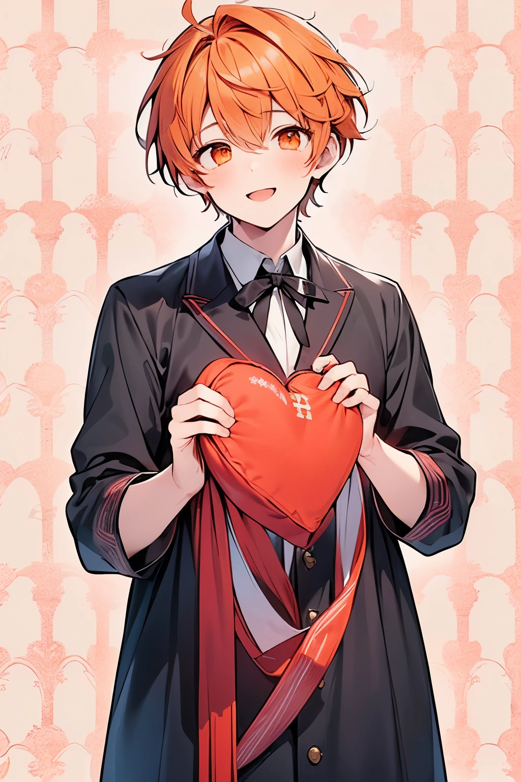 ((1-boy :1.3)),((handsome Gay:1.1)),(( An Adult Man :1.2)), solo,(heart hand to own eyes:1.15),very short hair,((orange hair:1.0)),(writhe in pleasure:1.0),((BODY ribbon wrapping:1.15)),smile,((check pattern background:1.1)),
