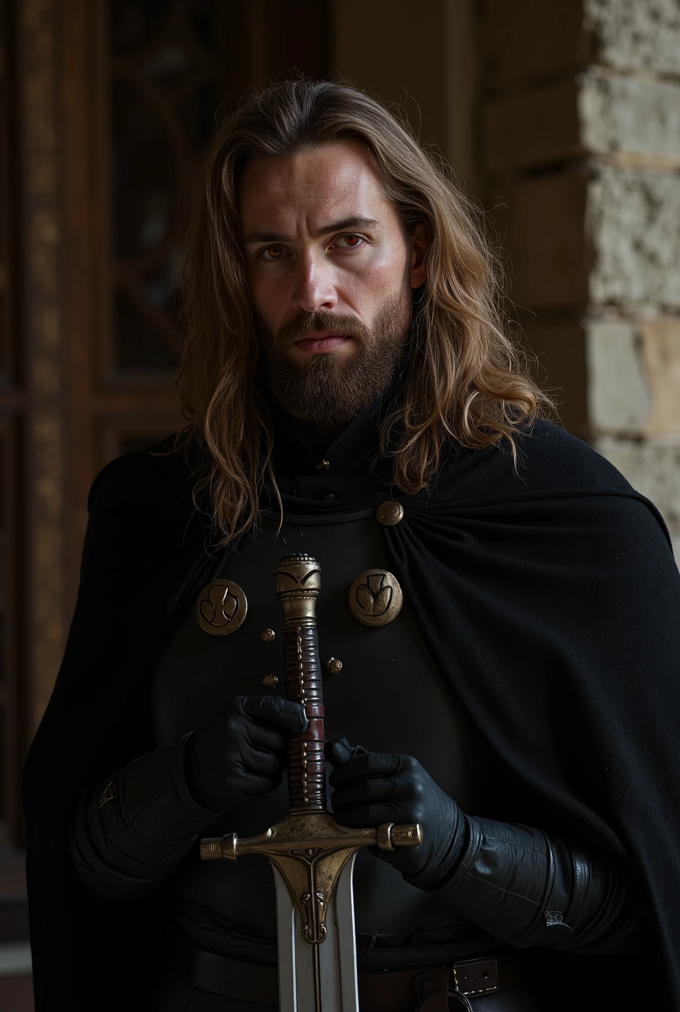 Man, 30y, with short full beard, light brown hair, very long hair, red eyes, with a detailed sword, black cloths, light armor, with a cape, serious, misterious, detailed image, cinematic, 16k, uhd, professional image, xss, dark gothic, in a castle, blood magic, kodak film style