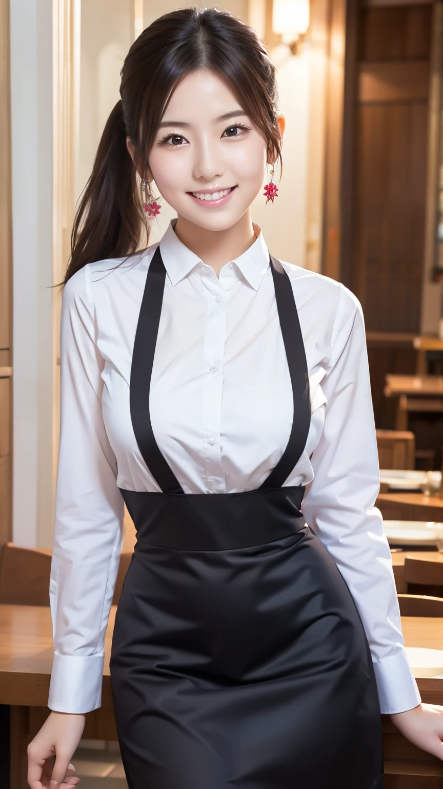 uniform, Highest quality, Super detailed, In detail, High resolution, 8k wallpaper, Perfect dynamic composition, Beautiful attention to detail, dress,Medium Hair, Big Breasts, Natural color lip, Random sexy poses,smile,Aoyama Street Walk、24-year-old girl