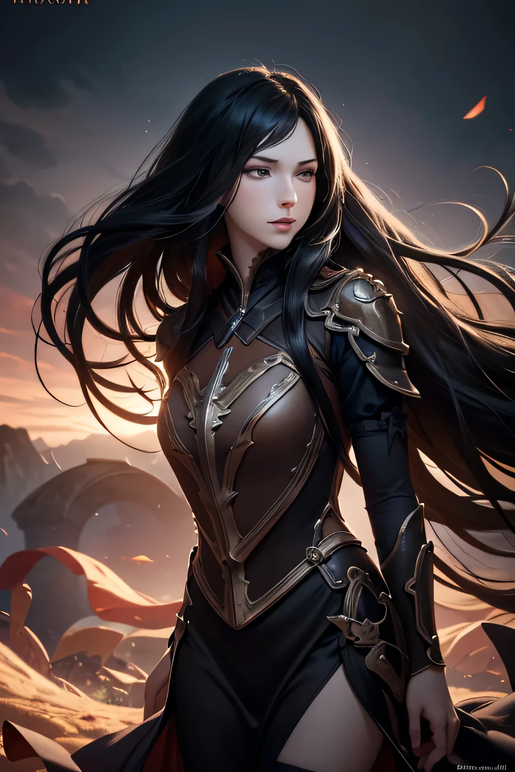 absurdrez, ultra details, high qualiy, Artwork, face detailed, gorgeous eyes(detailedeyes) warrior with sword, long black hair, Paladin's Heavy Armor, fully body, angry facial expression, gazing at viewer, lush ass