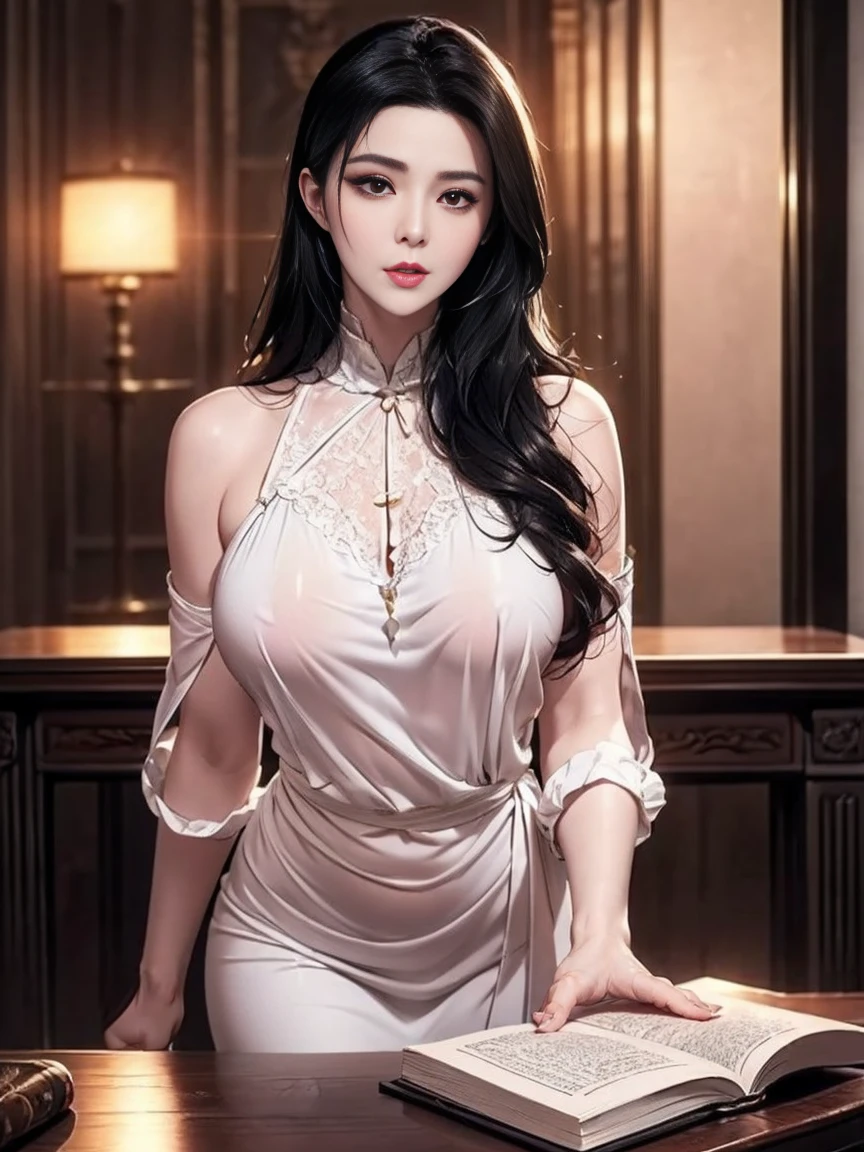 A lady with extraordinary temperament, she stands in a modern indoor space, as if she is a model from a fashion magazine. She is wearing a (pure white long fur cape), the softness and luster of which makes her look more noble under the light, and complements her (beige dress) underneath, showing her gentle temperament while maintaining a sense of fashion. The style of the dress is simple and generous, a perfect match, and it lengthens her figure, making her tall and charming. The lady's makeup is delicate and elegant, which just highlights her facial features and makes people unforgettable at first sight. Although the earrings and necklace she wears are not ostentatious, they add a bit of sophistication and nobility to her overall look. Her hair is casually draped over her shoulders, and every strand of hair exudes a natural luster,, (best quality,8k,highres,masterpiece:1.2),ultra-detailed,(realistic,photorealistic,photo-realistic:1.37),studio lighting,ultra-fine painting,sharp focus,physically-based rendering,extreme detail description,professional,vivid colors