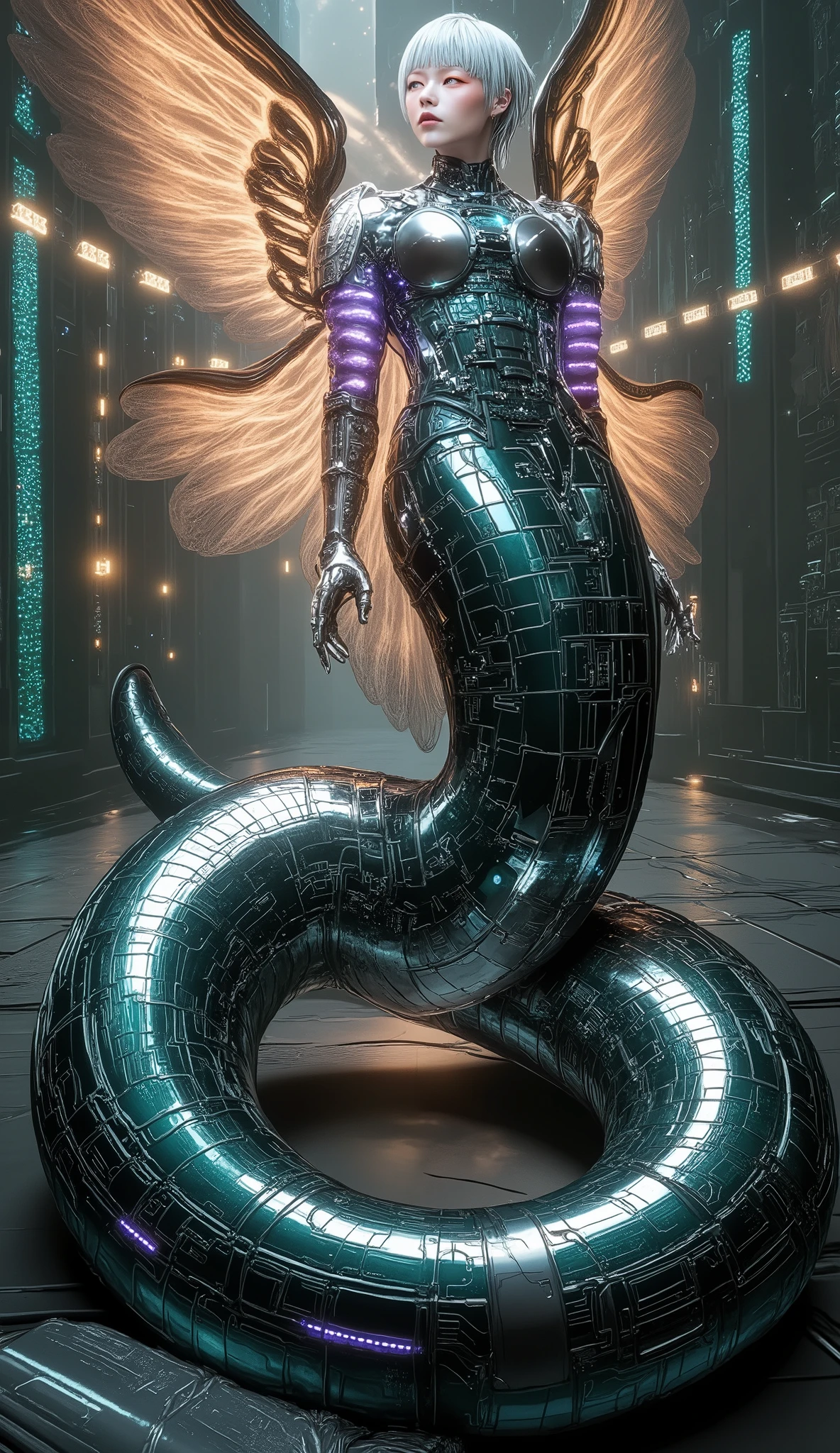 Create a massive, futuristic Serpent Woman, towering above a vast, quantum cyber city. Her upper body is human, but armored in sleek, advanced combat gear, featuring futuristic plating, glowing circuits, and neon accents, giving her the appearance of a high-tech warrior. The armor is intricately designed, with smooth, metallic surfaces and sharp geometric edges that reflect the pulsating energy of the city. Her porcelain skin peeks through the armor, adorned with glowing circuit-like patterns, adding a blend of organic elegance and cutting-edge technology. Her long, flowing hair is a cascade of metallic silver, interwoven with electric-blue strands, pulsating like living wires, and glowing with powerful energy. Her eyes emit a radiant, vibrant glow, brimming with ancient knowledge and futuristic power. Below her waist, her body seamlessly transforms into a colossal, coiling serpent tail, covered in iridescent scales that shimmer in neon shades of purple, green, and blue. The scales are etched with intricate digital patterns, flickering with energy that mirrors the city’s high-tech environment. From her back, massive translucent wings unfold, resembling glowing digital grids and shimmering holograms. These wings pulse with electric energy, amplifying the overwhelming power flowing through her serpent tail. She stands amidst the towering spires and luminous streets of a quantum cyber city, with neon lights and holographic projections illuminating the futuristic landscape. The city is a vast expanse of interconnected metallic structures, glowing circuit patterns running along the surfaces, creating an awe-inspiring, technological wonder. The air is filled with energy and digital hums, a perfect fusion of nature, technology, and quantum innovation. Her imposing, yet graceful presence exudes both beauty and supreme power, as if she is the protector and ruler of this futuristic world, balancing both the ancient and the cutting-edge.