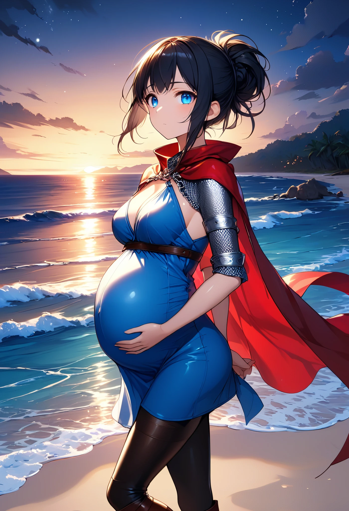High Resolution, Masterpiece, 4K, beach, (night), 1girl, black hair, tied hair, blue eyes, medium breasts, red cape, blue tunic, chainmail bikini, black leggings, leather boots, standing, arms behind back, looking at viewer, stoic expression, flirting, reaching for viewer, pregnant, side profile