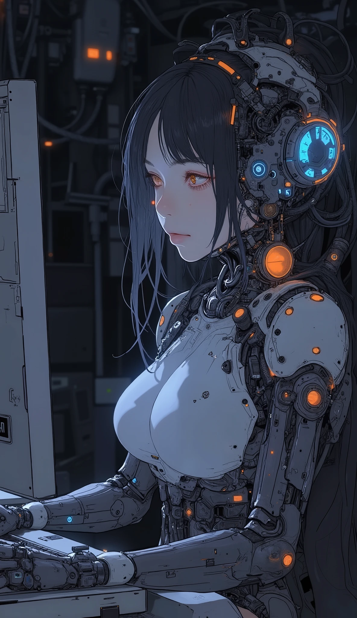1 mechanical girl,((ultra realisticdetails)), portraite, global illumination, eyeshadows, octane rendering, 8K, ultra sharp,metals,intricate, detailed ornaments, cool colours, Egyptian detail, highly intricate details, realistic light, trends at CGsociety, glare eyes, front camera, neon details, mechanical members,blood vessels connected to tubes,mechanical vertebra attached to the back,mechanical cervical attaching to the neck,sitting down,wires and cables connected to the head