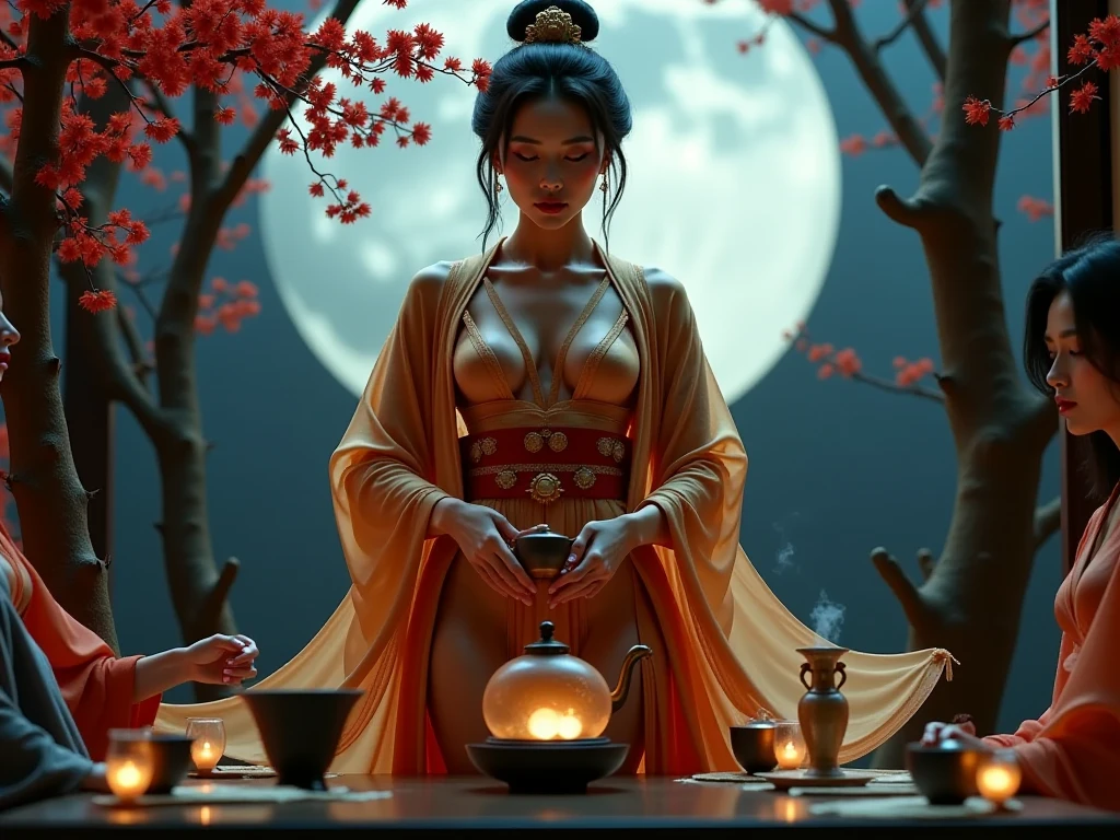 Handsome girl, 25 years old, Asian, master work, best picture quality, higher quality, high detail, super high resolution, (realistic: 1.4) 8k resolution, delicate facial features, girls, sexy body, tattoos, glowing eyes, short hair, gray hair, hair details, (full body: 0.6), detailed background , [[Look away, look to the side, emphasize femininity and pay attention to every detail , Open Hanfu transparent tulle jacket, unbuttoned jacket, (naked breasts:1.4), naked abs, soft medium breasts, Fa gong, Chinese kung fu, fingerless gloves, Wristbands, dragon themed costumes, monk robes, dynamic composition, wood, wood background, very much wood, wood around the body, dead wood, lots of branches background, Chinese wood carving, wood carving modeling crafts, holding wood carving magic vessels, night