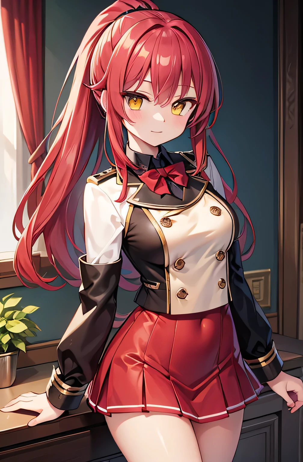masterpiece, best quality, absurdres, perfect antomy, houshouBase, 1girl, solo, heterochromia, red eyes, yellow eyes, twintails, long hair, hair ribbon, large breasts, white gloves, frilled choker, red ascot, leotard, leotard under clothes, red jacket, cropped jacket, sleeveless jacket, black coat, off shoulder, bicorne, red skirt, miniskirt, leather belt, black thighhighs, standing, smile