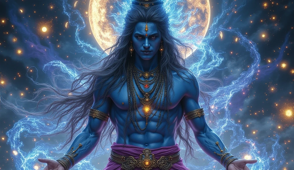 "Create an 8K ultra-realistic and intricately detailed image of Lord Shiva as part of the Holy Trinity in Hinduism known as the Trimurti. Depict Shiva in his form as Nataraja, the cosmic dancer, with his iconic third eye on his forehead, holding a trident (Trishula), and performing the Tandava dance. Surround Shiva with Brahma (the creator) and Vishnu (the preserver). Brahma should have four heads and hold the Vedas, while Vishnu should have blue skin and hold a conch and discus. Place the three deities in a celestial, cosmic setting with realistic lighting that highlights their features and divine aura. Ensure the scene captures the majesty and spirituality of these divine figures with vibrant colors, high contrast, and meticulous attention to detail. Incorporate elements that symbolize their roles in creation, preservation, and destruction. Depict stars, galaxies, and cosmic energy swirling around Shiva as he dances among the stars, conveying the dynamic and powerful nature of the universe."