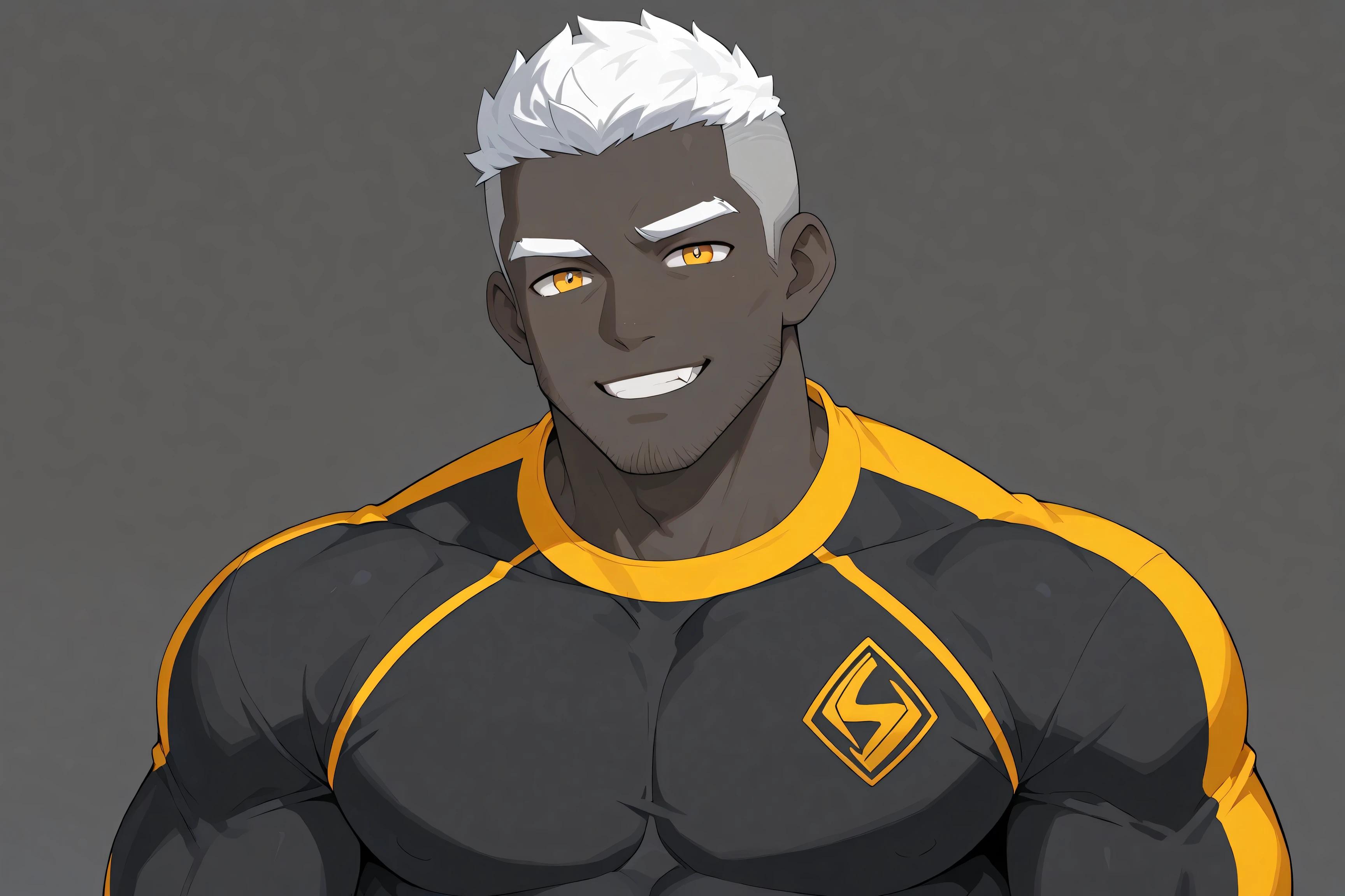 negro, anime characters：Gyee, Young Muscle Sports Teacher, negro black skin, Upper body, Manliness, He wears a loose Brazilian jiu jitsu uniform, Wear a black high-necked tights inside, Very tight, muscular male, muscular, only, Upper body, White short hair, Thick eyebrows, stubble, Yellow eyes, Grey background, simple background, amazing quality, best aesthetics, Ridiculous, bright pupils, crew cut, parted lips, grin, fang, best quality