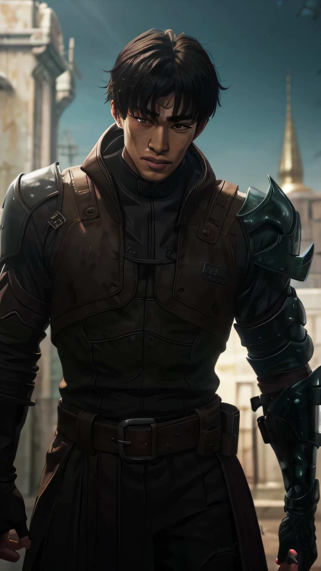 (Woo Do-Hwan: 0.8, ebony skin complexion, mature, leather armor, resolute), dim lighting, medieval castle background.