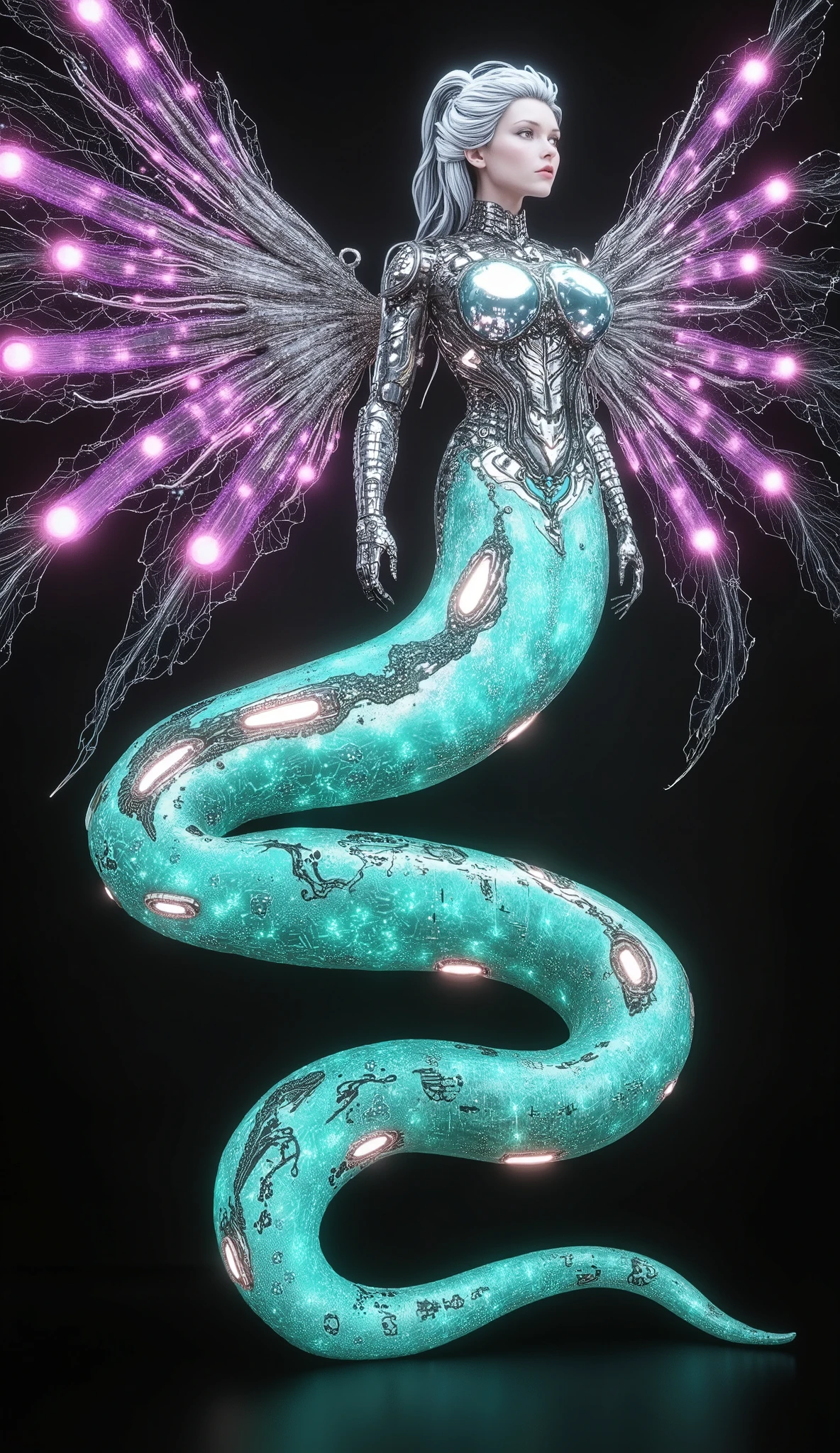 Create a massive, futuristic Serpent Woman, towering above a vast, quantum cyber city. Her upper body is human, but armored in sleek, advanced combat gear, featuring futuristic plating, glowing circuits, and neon accents, giving her the appearance of a high-tech warrior. The armor is intricately designed, with smooth, metallic surfaces and sharp geometric edges that reflect the pulsating energy of the city. Her porcelain skin peeks through the armor, adorned with glowing circuit-like patterns, adding a blend of organic elegance and cutting-edge technology. Her long, flowing hair is a cascade of metallic silver, interwoven with electric-blue strands, pulsating like living wires, and glowing with powerful energy. Her eyes emit a radiant, vibrant glow, brimming with ancient knowledge and futuristic power. Below her waist, her body seamlessly transforms into a colossal, coiling serpent tail, covered in iridescent scales that shimmer in neon shades of purple, green, and blue. The scales are etched with intricate digital patterns, flickering with energy that mirrors the city’s high-tech environment. From her back, massive translucent wings unfold, resembling glowing digital grids and shimmering holograms. These wings pulse with electric energy, amplifying the overwhelming power flowing through her serpent tail. She stands amidst the towering spires and luminous streets of a quantum cyber city, with neon lights and holographic projections illuminating the futuristic landscape. The city is a vast expanse of interconnected metallic structures, glowing circuit patterns running along the surfaces, creating an awe-inspiring, technological wonder. The air is filled with energy and digital hums, a perfect fusion of nature, technology, and quantum innovation. Her imposing, yet graceful presence exudes both beauty and supreme power, as if she is the protector and ruler of this futuristic world, balancing both the ancient and the cutting-edge.