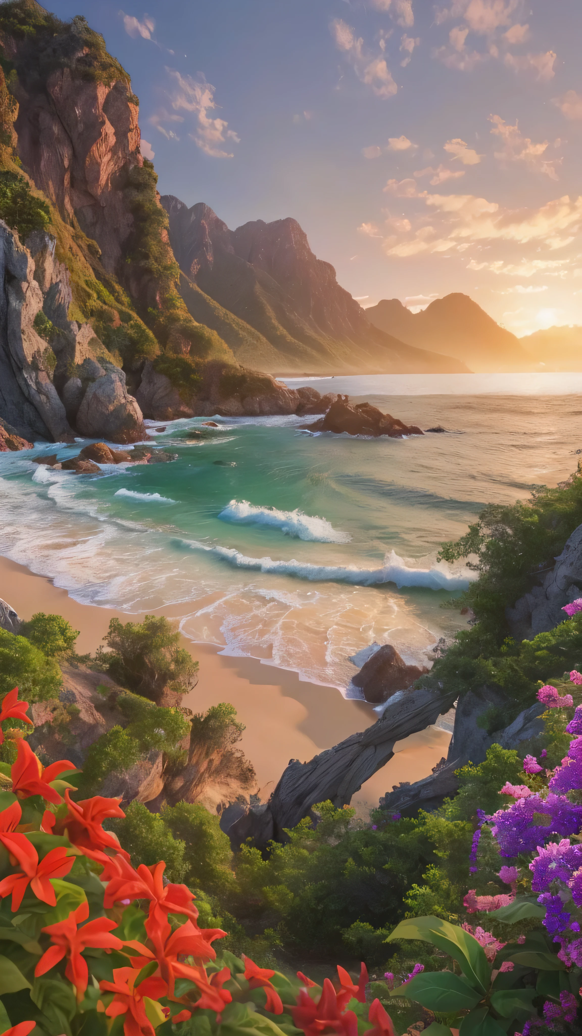 in high definition( photos realistic 8k RAW photos ), wondrous、 breathtaking 、 colorful tropical island scenery, ( not human), high resolution, realism, ( Masterpiece), ( highest quality ), coastal , very detailed, beautiful red salvia , high resolution, sharp, by whisperingfornothing , Beautiful sea and horizon。