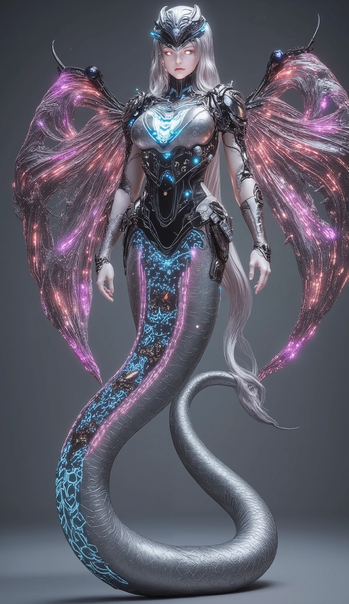 Create a massive, futuristic Serpent Woman, towering above a vast, quantum cyber city. Her upper body is human, but armored in sleek, advanced combat gear, featuring futuristic plating, glowing circuits, and neon accents, giving her the appearance of a high-tech warrior. The armor is intricately designed, with smooth, metallic surfaces and sharp geometric edges that reflect the pulsating energy of the city. Her porcelain skin peeks through the armor, adorned with glowing circuit-like patterns, adding a blend of organic elegance and cutting-edge technology. Her long, flowing hair is a cascade of metallic silver, interwoven with electric-blue strands, pulsating like living wires, and glowing with powerful energy. Her eyes emit a radiant, vibrant glow, brimming with ancient knowledge and futuristic power. Below her waist, her body seamlessly transforms into a colossal, coiling serpent tail, covered in iridescent scales that shimmer in neon shades of purple, green, and blue. The scales are etched with intricate digital patterns, flickering with energy that mirrors the city’s high-tech environment. From her back, massive translucent wings unfold, resembling glowing digital grids and shimmering holograms. These wings pulse with electric energy, amplifying the overwhelming power flowing through her serpent tail. She stands amidst the towering spires and luminous streets of a quantum cyber city, with neon lights and holographic projections illuminating the futuristic landscape. The city is a vast expanse of interconnected metallic structures, glowing circuit patterns running along the surfaces, creating an awe-inspiring, technological wonder. The air is filled with energy and digital hums, a perfect fusion of nature, technology, and quantum innovation. Her imposing, yet graceful presence exudes both beauty and supreme power, as if she is the protector and ruler of this futuristic world, balancing both the ancient and the cutting-edge.