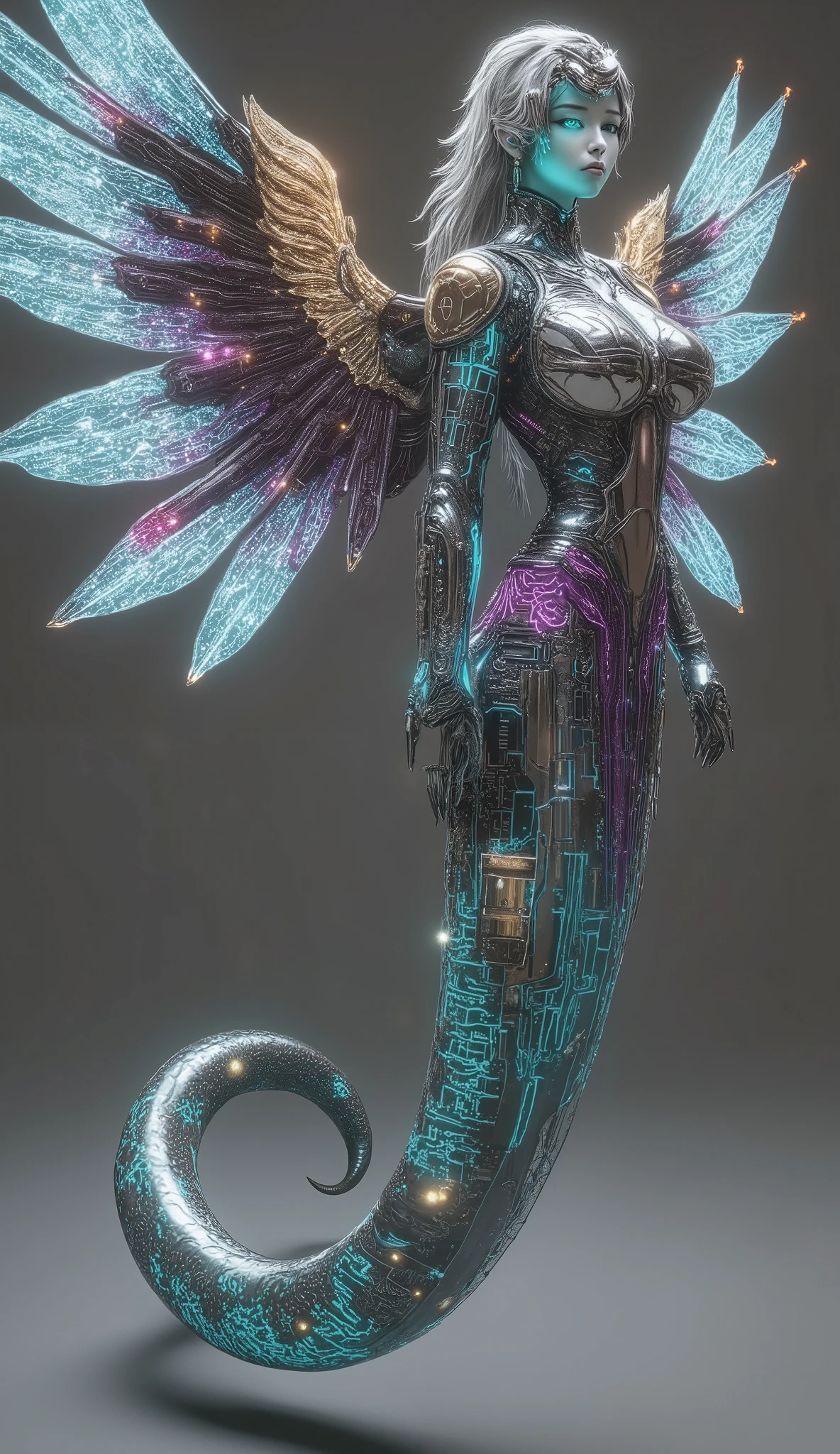 Create a massive, futuristic Serpent Woman, towering above a vast, quantum cyber city. Her upper body is human, but armored in sleek, advanced combat gear, featuring futuristic plating, glowing circuits, and neon accents, giving her the appearance of a high-tech warrior. The armor is intricately designed, with smooth, metallic surfaces and sharp geometric edges that reflect the pulsating energy of the city. Her porcelain skin peeks through the armor, adorned with glowing circuit-like patterns, adding a blend of organic elegance and cutting-edge technology. Her long, flowing hair is a cascade of metallic silver, interwoven with electric-blue strands, pulsating like living wires, and glowing with powerful energy. Her eyes emit a radiant, vibrant glow, brimming with ancient knowledge and futuristic power. Below her waist, her body seamlessly transforms into a colossal, coiling serpent tail, covered in iridescent scales that shimmer in neon shades of purple, green, and blue. The scales are etched with intricate digital patterns, flickering with energy that mirrors the city’s high-tech environment. From her back, massive translucent wings unfold, resembling glowing digital grids and shimmering holograms. These wings pulse with electric energy, amplifying the overwhelming power flowing through her serpent tail. She stands amidst the towering spires and luminous streets of a quantum cyber city, with neon lights and holographic projections illuminating the futuristic landscape. The city is a vast expanse of interconnected metallic structures, glowing circuit patterns running along the surfaces, creating an awe-inspiring, technological wonder. The air is filled with energy and digital hums, a perfect fusion of nature, technology, and quantum innovation. Her imposing, yet graceful presence exudes both beauty and supreme power, as if she is the protector and ruler of this futuristic world, balancing both the ancient and the cutting-edge.