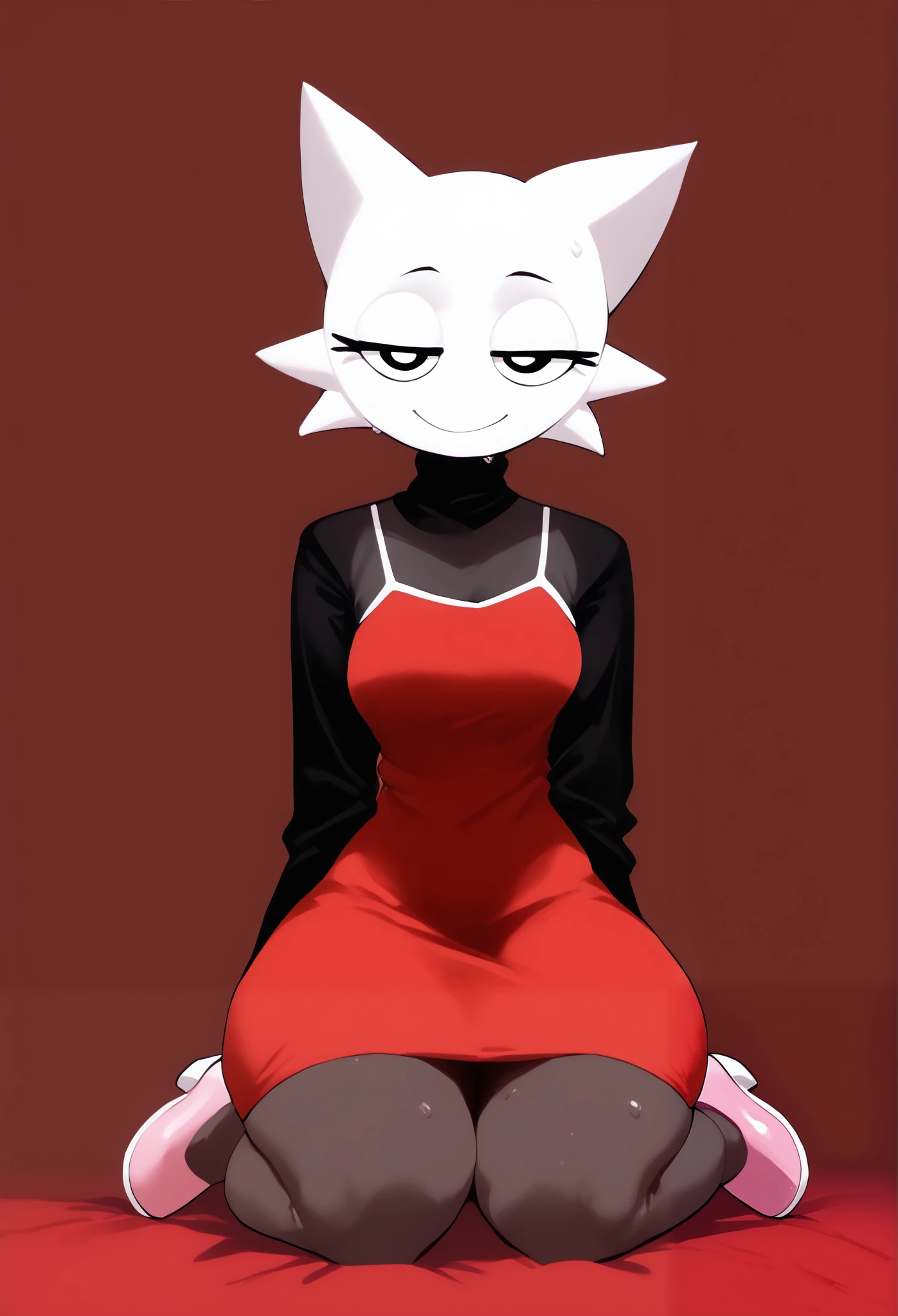 score_9, score_8_up, score_7_up, score_6_up, score_5_up1, score_4_up, 1girl, furry, ((3/4 full body view, looking at viewer)), (Masterpiece, Best Quality), (8k, Ultra Detailed), ((full body, kneeling posture)), tired expression, hot, sweat, sweating,((no nose)), 1girl, furry, no human girl, white skin, (black eyes with big white pupils), no human, smile, realistic proportions, good anatomy, skindentation, anthropomorphic features, white circular face, half-closed eyes, sharp triangular ears, spiky whisker-like protrusions, minimalistic design, monochromatic palette, cat ears, wenda, no humanoid ears, circular head, no humanoid ears,black eyes, white pupils, white skin, wenda sprunki, furry, smile, anthropomorphic, humanoid, ((red dress, with white collar, striped pantyhose, flared dress, pink and white striped tights, simple pink shoes, light red striped dress)), ((black translucent turtleneck, black turtleneck combined black tank top, black sleeves, translucent sleeves, transparent sleeves, transparent neckline, with translucent neckline, black sleeves, black translucent long sleeves, translucent neckline, spaghetti strap black)), light brown heels, heels, 