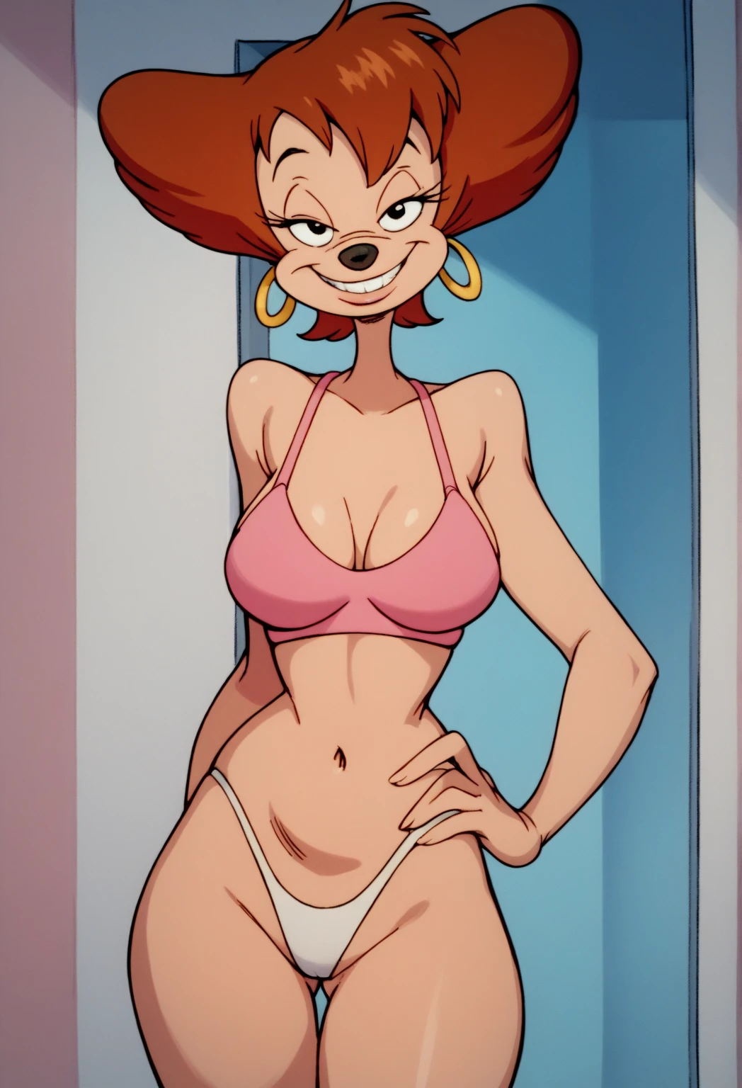 masterpiece, best quality, one girl, solo, detailed face, looking at the viewer, black eyes, gold hoop earrings, 4 fingers, seductive smile, detailed skin texture, (blush: 0.5), (goosebumps: 0.5), subsurface scattering, detailed skin texture, (blush: 0.2), (goosebumps: 0.3), sexual expression, portrait, pink swimsuit, breast teasing, high resolution, detailed beach background, detailed tummy, eyelashes, black nose, sfw, Squad of Fools, Disney, character, anthro, detailed fingers, blush, standing, flirty pose, kiss, hands between legs