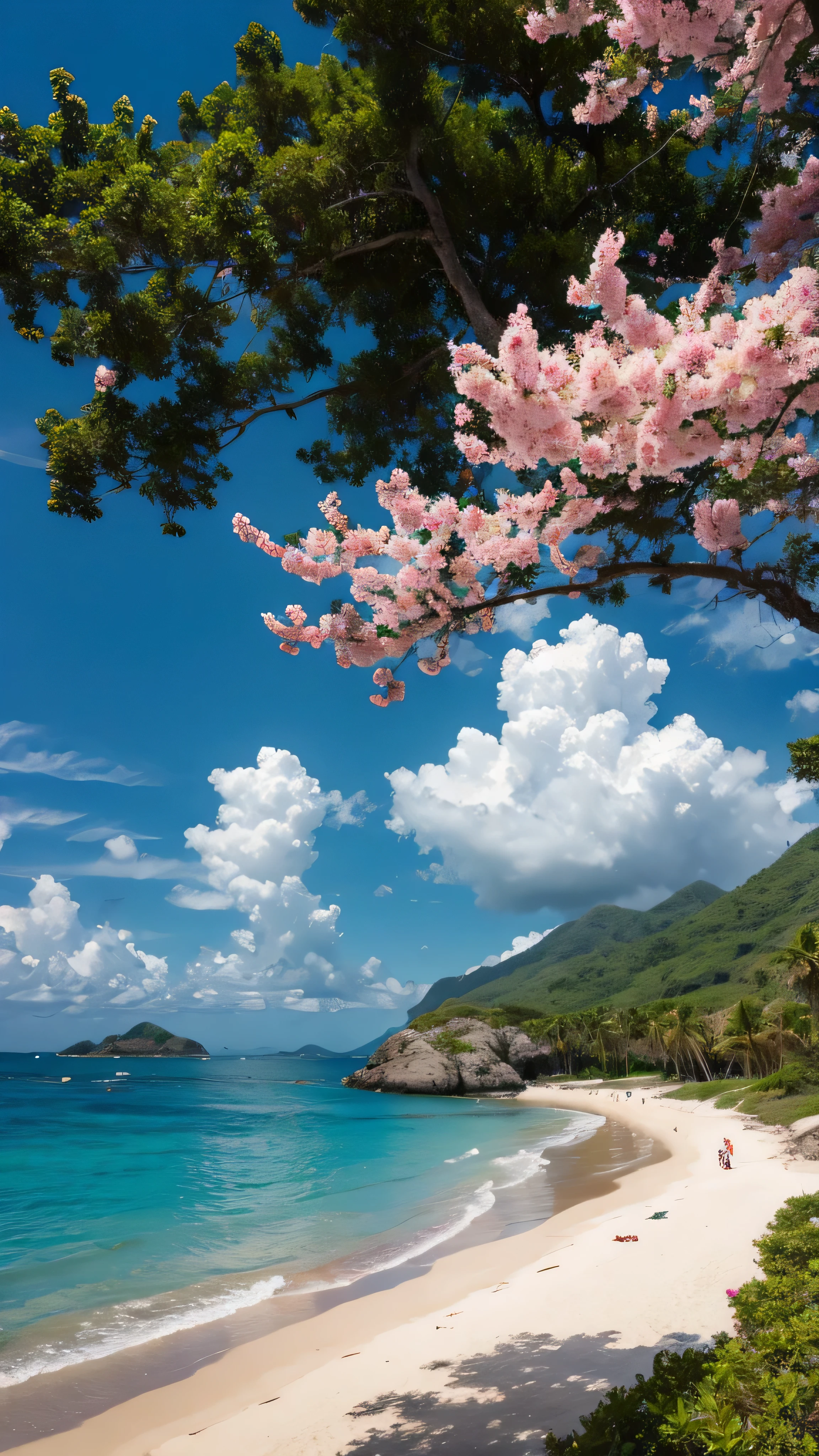 ( photos realistic 8k RAW photos ), wondrous、 breathtaking 、 colorful tropical island scenery, ( not human), high resolution, realism, ( Masterpiece), ( highest quality ), coastal , very detailed, beautiful pink tulip flower, high resolution, sharp, by whisperingfornothing , Beautiful sea and horizon。