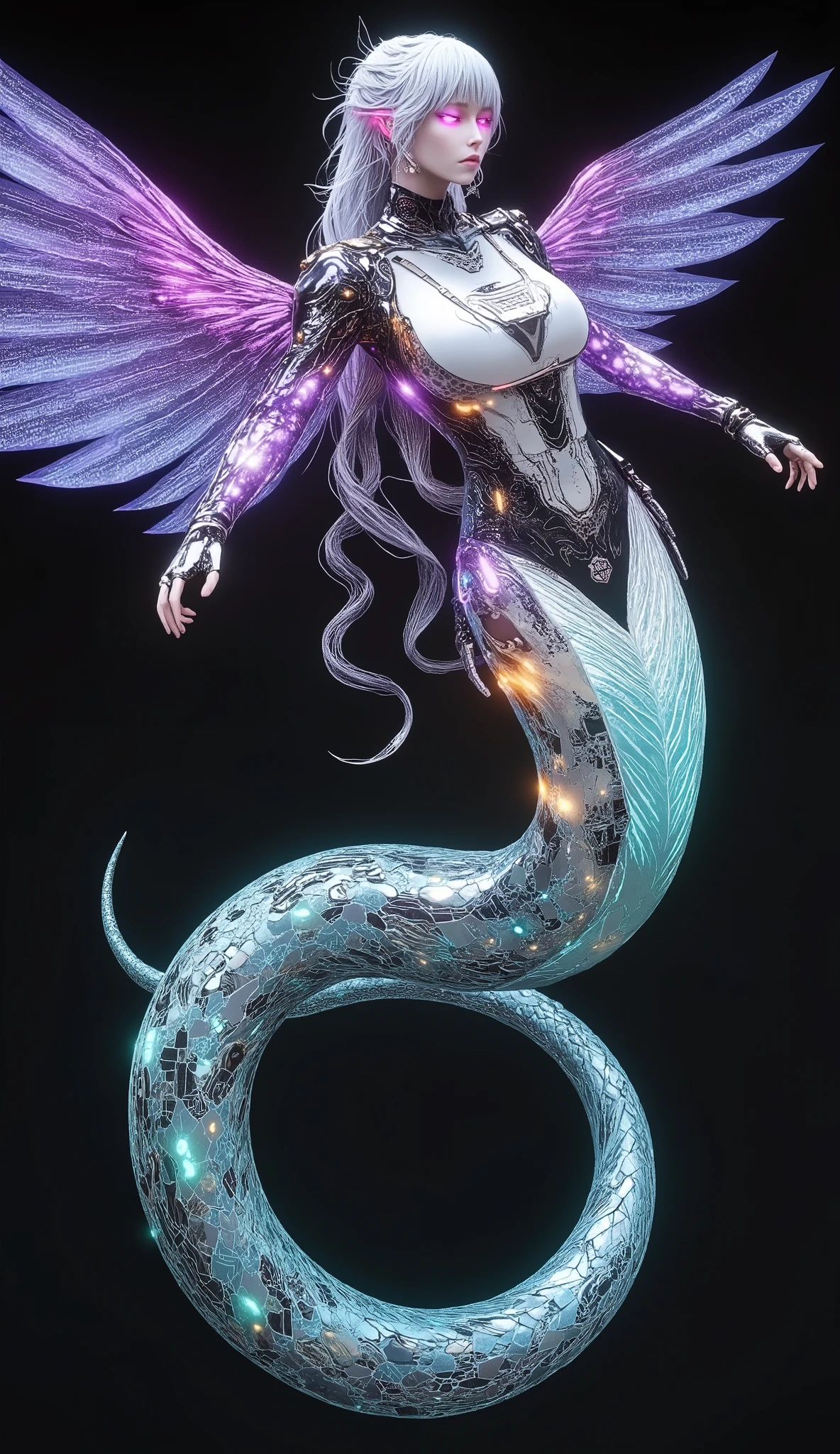Create a massive, futuristic Serpent Woman, towering above a vast, quantum cyber city. Her upper body is human, but armored in sleek, advanced combat gear, featuring futuristic plating, glowing circuits, and neon accents, giving her the appearance of a high-tech warrior. The armor is intricately designed, with smooth, metallic surfaces and sharp geometric edges that reflect the pulsating energy of the city. Her porcelain skin peeks through the armor, adorned with glowing circuit-like patterns, adding a blend of organic elegance and cutting-edge technology. Her long, flowing hair is a cascade of metallic silver, interwoven with electric-blue strands, pulsating like living wires, and glowing with powerful energy. Her eyes emit a radiant, vibrant glow, brimming with ancient knowledge and futuristic power. Below her waist, her body seamlessly transforms into a colossal, coiling serpent tail, covered in iridescent scales that shimmer in neon shades of purple, green, and blue. The scales are etched with intricate digital patterns, flickering with energy that mirrors the city’s high-tech environment. From her back, massive translucent wings unfold, resembling glowing digital grids and shimmering holograms. These wings pulse with electric energy, amplifying the overwhelming power flowing through her serpent tail. She stands amidst the towering spires and luminous streets of a quantum cyber city, with neon lights and holographic projections illuminating the futuristic landscape. The city is a vast expanse of interconnected metallic structures, glowing circuit patterns running along the surfaces, creating an awe-inspiring, technological wonder. The air is filled with energy and digital hums, a perfect fusion of nature, technology, and quantum innovation. Her imposing, yet graceful presence exudes both beauty and supreme power, as if she is the protector and ruler of this futuristic world, balancing both the ancient and the cutting-edge.
