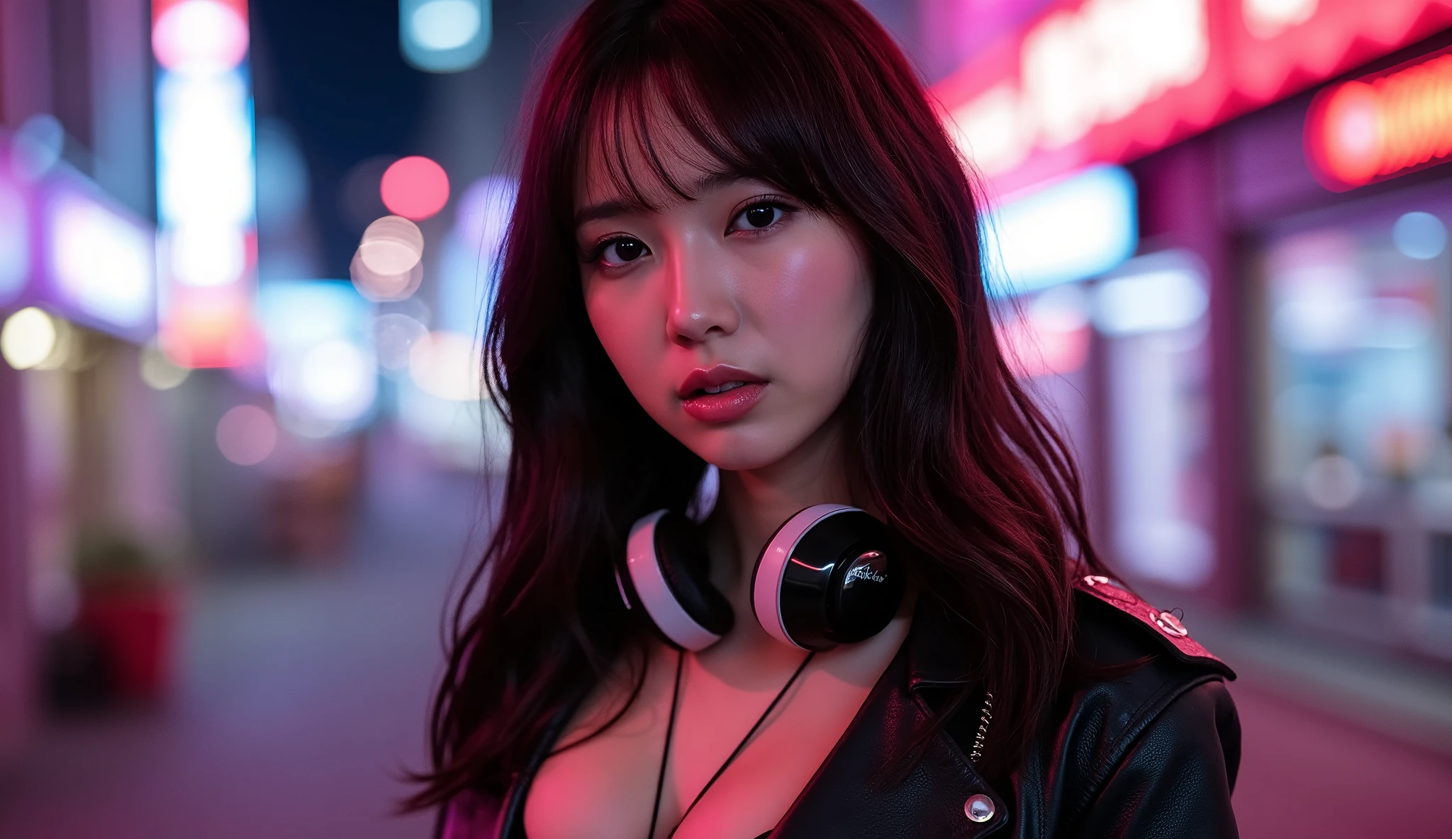 whole body、 leather jacket、Beautiful waistline、Navel sticking out、 low angle、美しいprofile、The best photos for TikTok、 black hair、 sink、profile、golden inner color hair、 short hair、Beauty、 dynamic angle、ヘッドフォンをしているBeauty、Night city background with neon lights